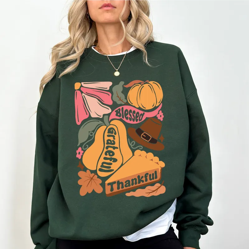 Grateful, Thankful, Blessed, Autumn, Thanksgiving, Flowers, Pumpkins, Pilgrims Sweatshirt sold by Refinery Number One