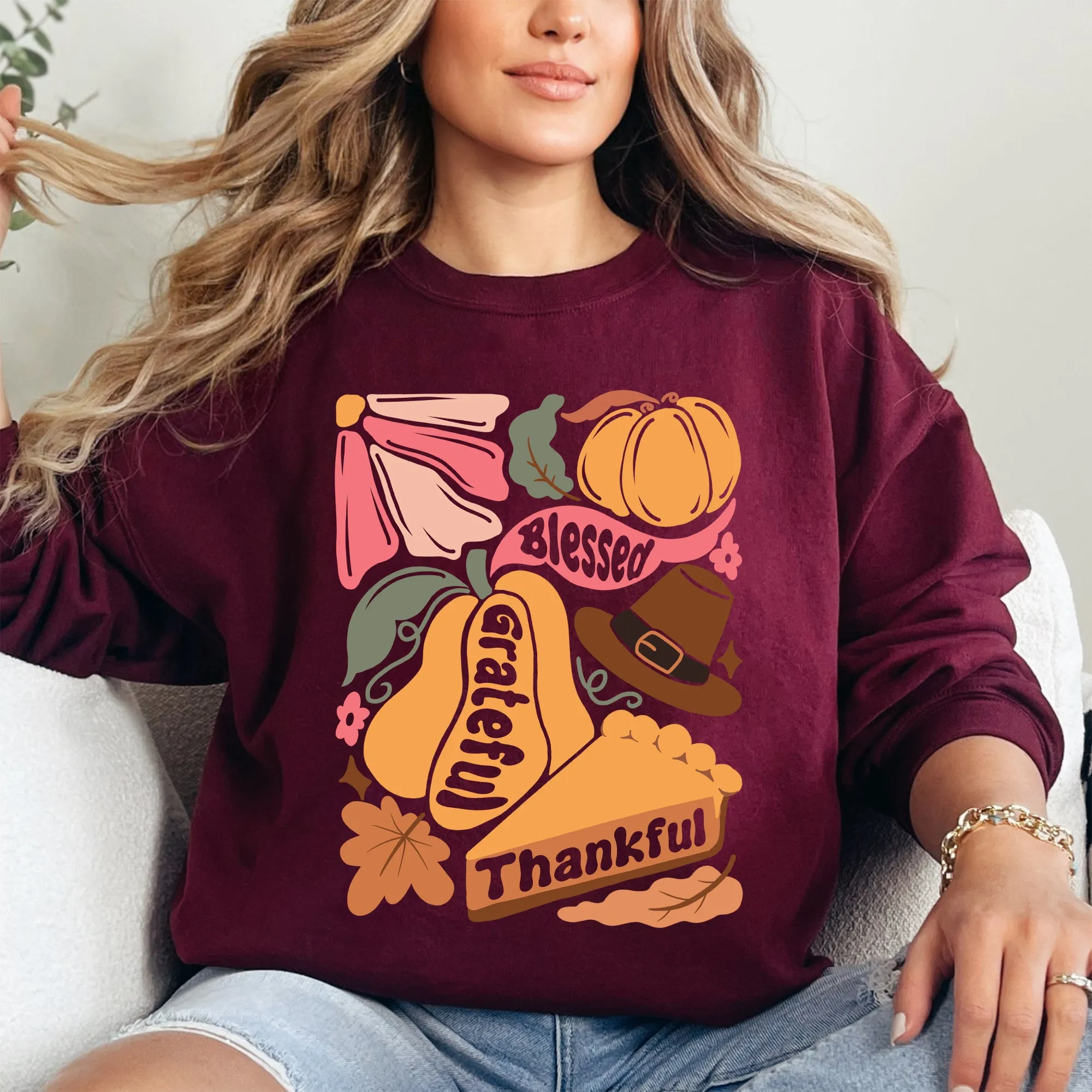 Grateful, Thankful, Blessed, Autumn, Thanksgiving, Flowers, Pumpkins, Pilgrims Sweatshirt sold by Refinery Number One product image thumbnail 5