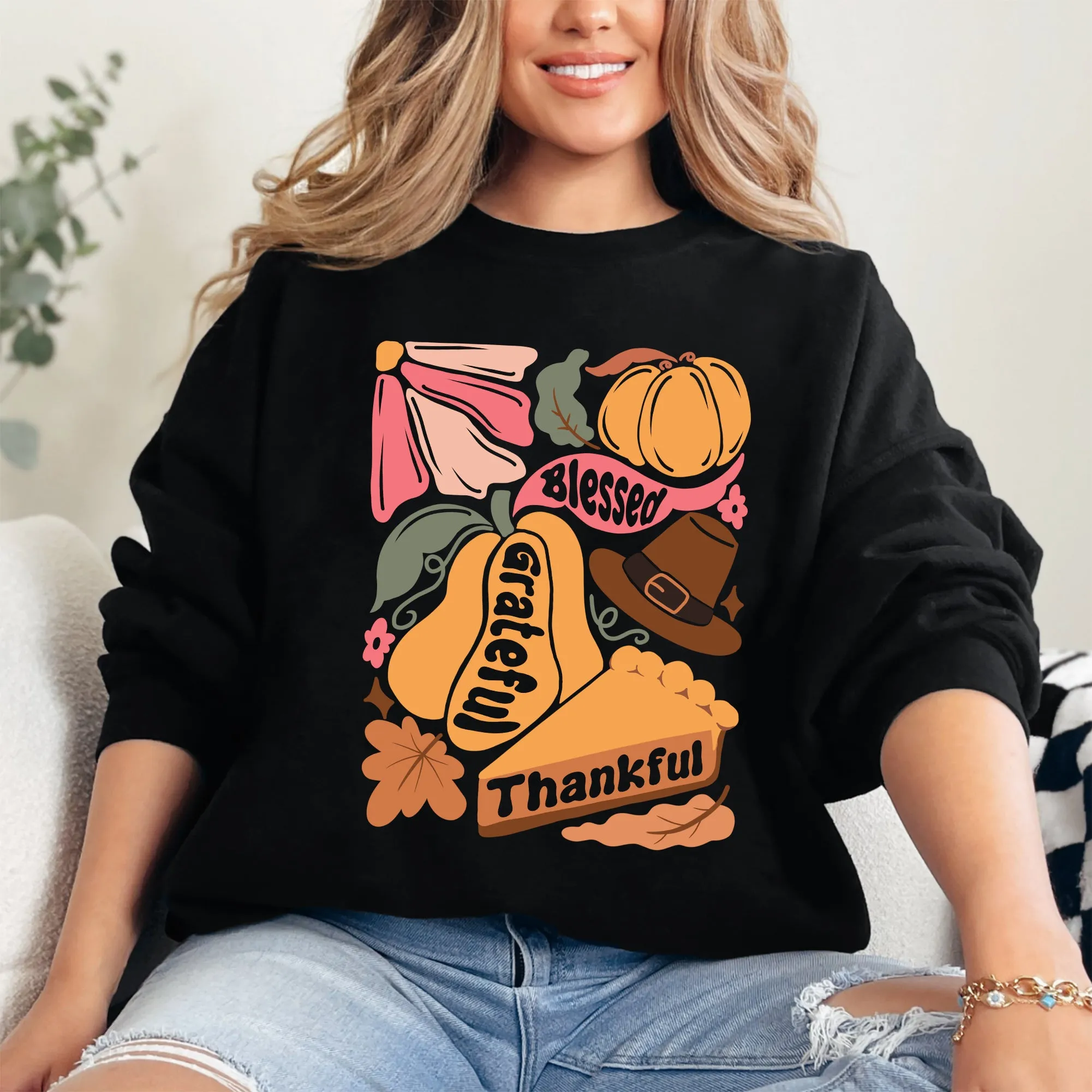 Grateful, Thankful, Blessed, Autumn, Thanksgiving, Flowers, Pumpkins, Pilgrims Sweatshirt sold by Refinery Number One product image thumbnail 3