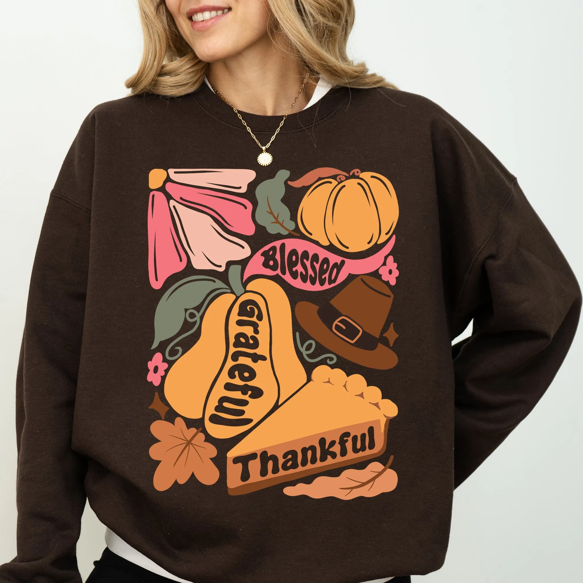 Grateful, Thankful, Blessed, Autumn, Thanksgiving, Flowers, Pumpkins, Pilgrims Sweatshirt sold by Refinery Number One product image thumbnail 4