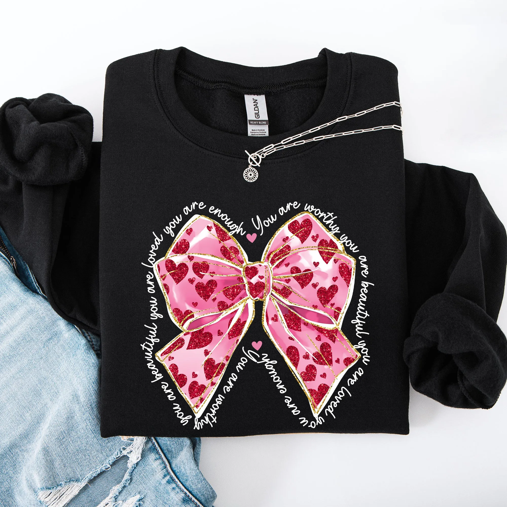 Valentine's Day Affirmations, Loved, Enough, Worthy, Positivity, Ribbon, Love, Heart Sweatshirt sold by Refinery Number One product image thumbnail 4