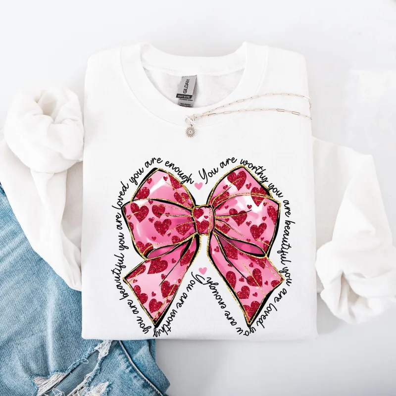 Valentine's Day Affirmations, Loved, Enough, Worthy, Positivity, Ribbon, Love, Heart Sweatshirt sold by Refinery Number One