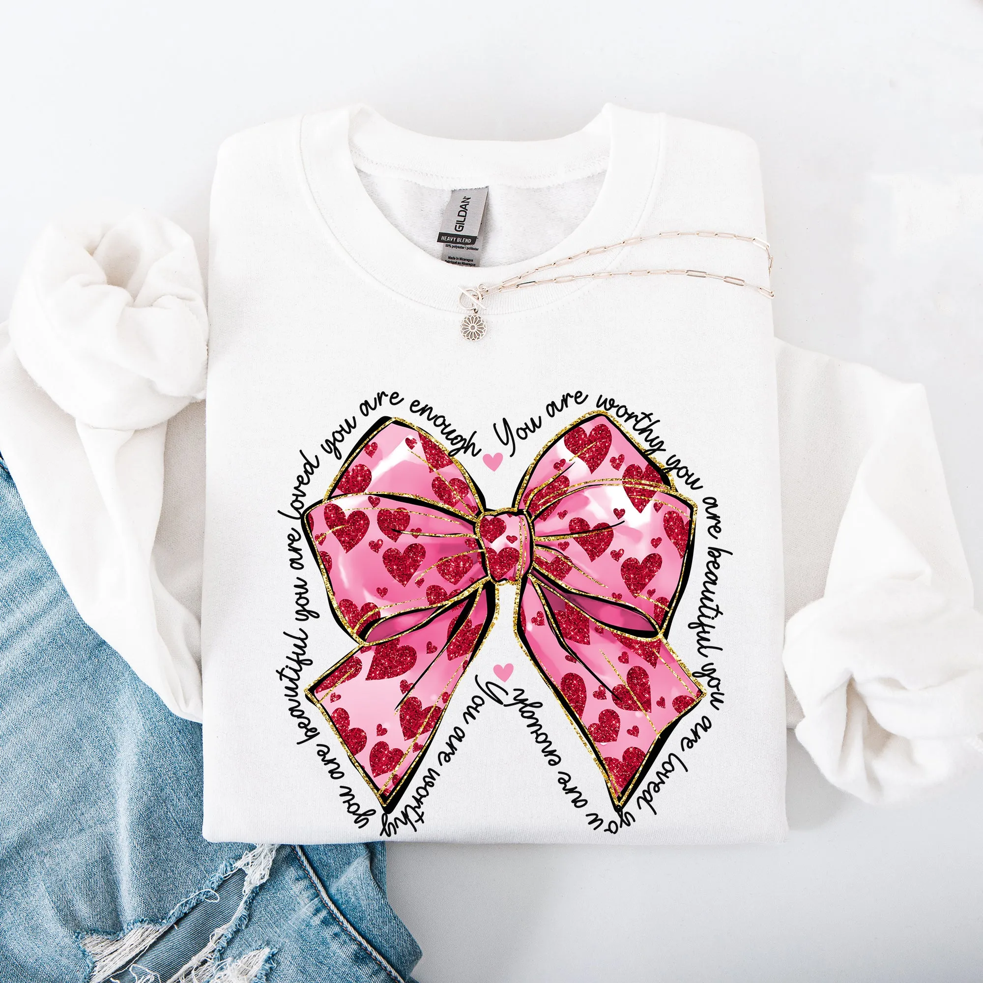 Valentine's Day Affirmations, Loved, Enough, Worthy, Positivity, Ribbon, Love, Heart Sweatshirt sold by Refinery Number One