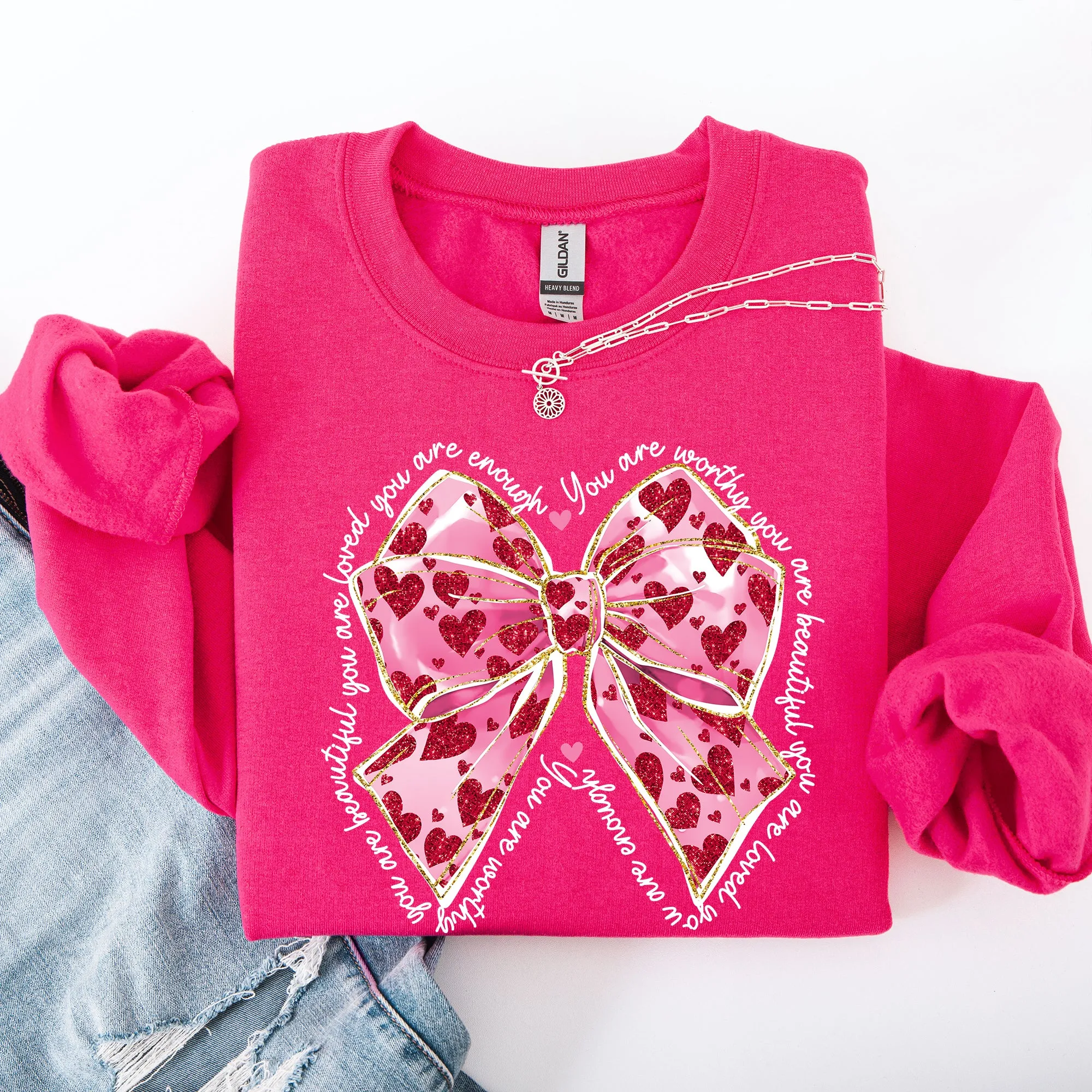 Valentine's Day Affirmations, Loved, Enough, Worthy, Positivity, Ribbon, Love, Heart Sweatshirt sold by Refinery Number One product image thumbnail 5