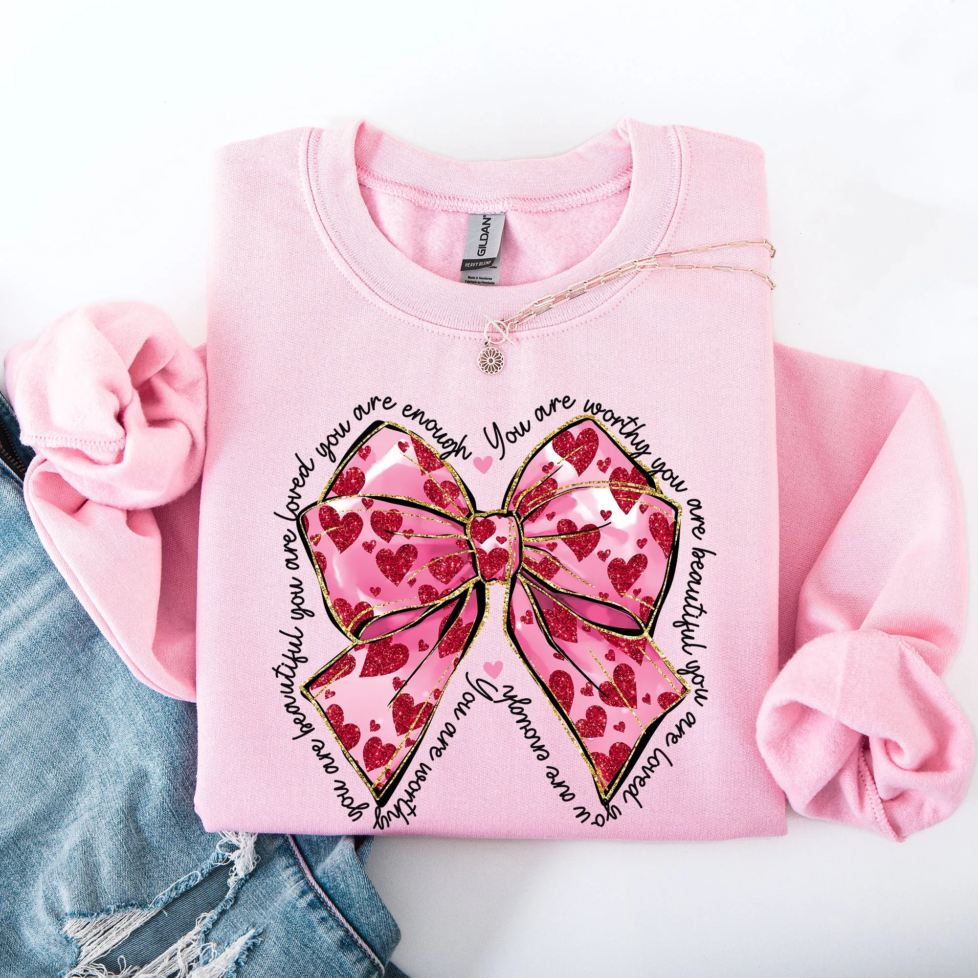 Valentine's Day Affirmations, Loved, Enough, Worthy, Positivity, Ribbon, Love, Heart Sweatshirt sold by Refinery Number One product image thumbnail 2