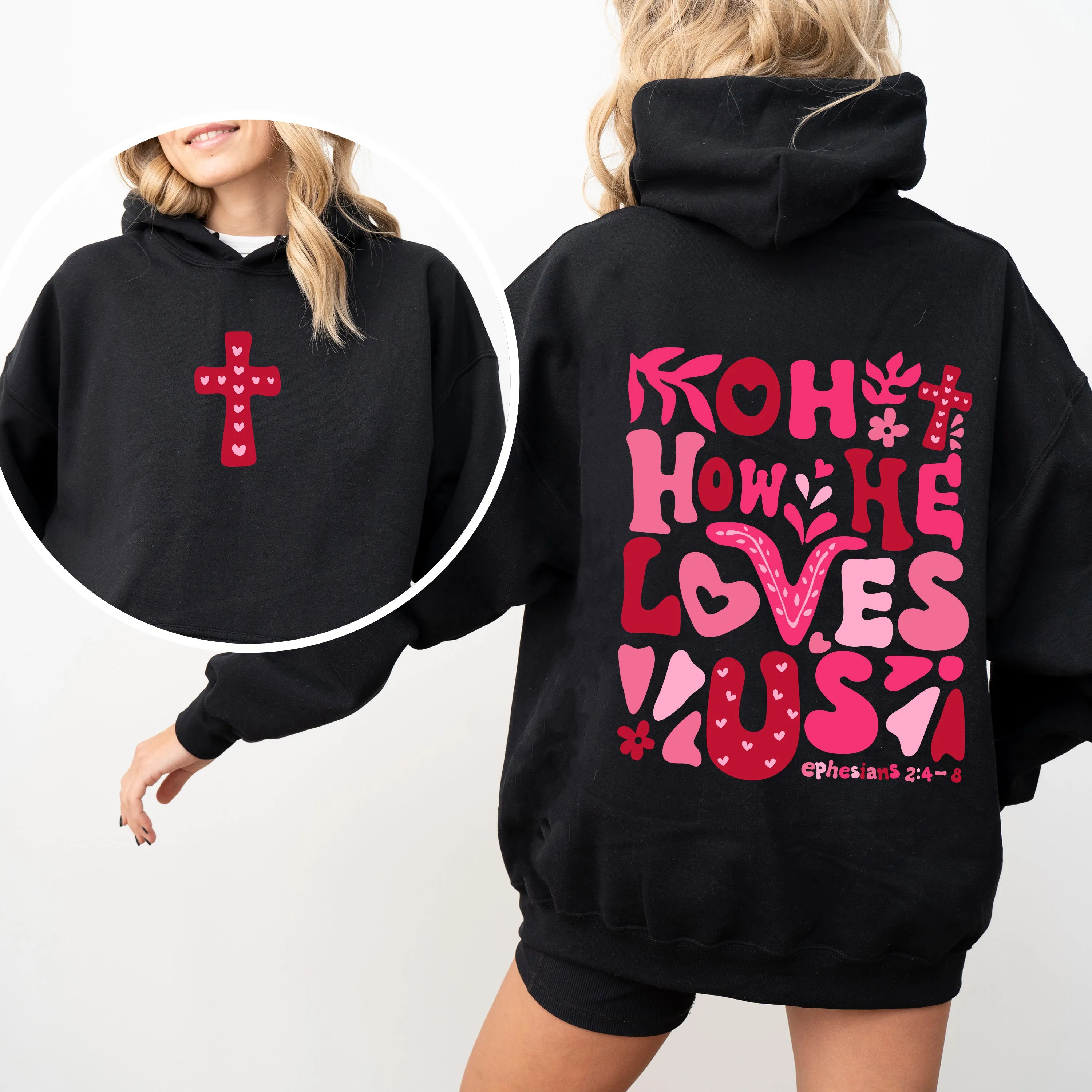 Oh How He Loves Us, Valentine's Day, Christian, Religious, Bible, Front and Back Hoodie, Hooded Sweatshirt sold by Refinery Number One product image thumbnail 3