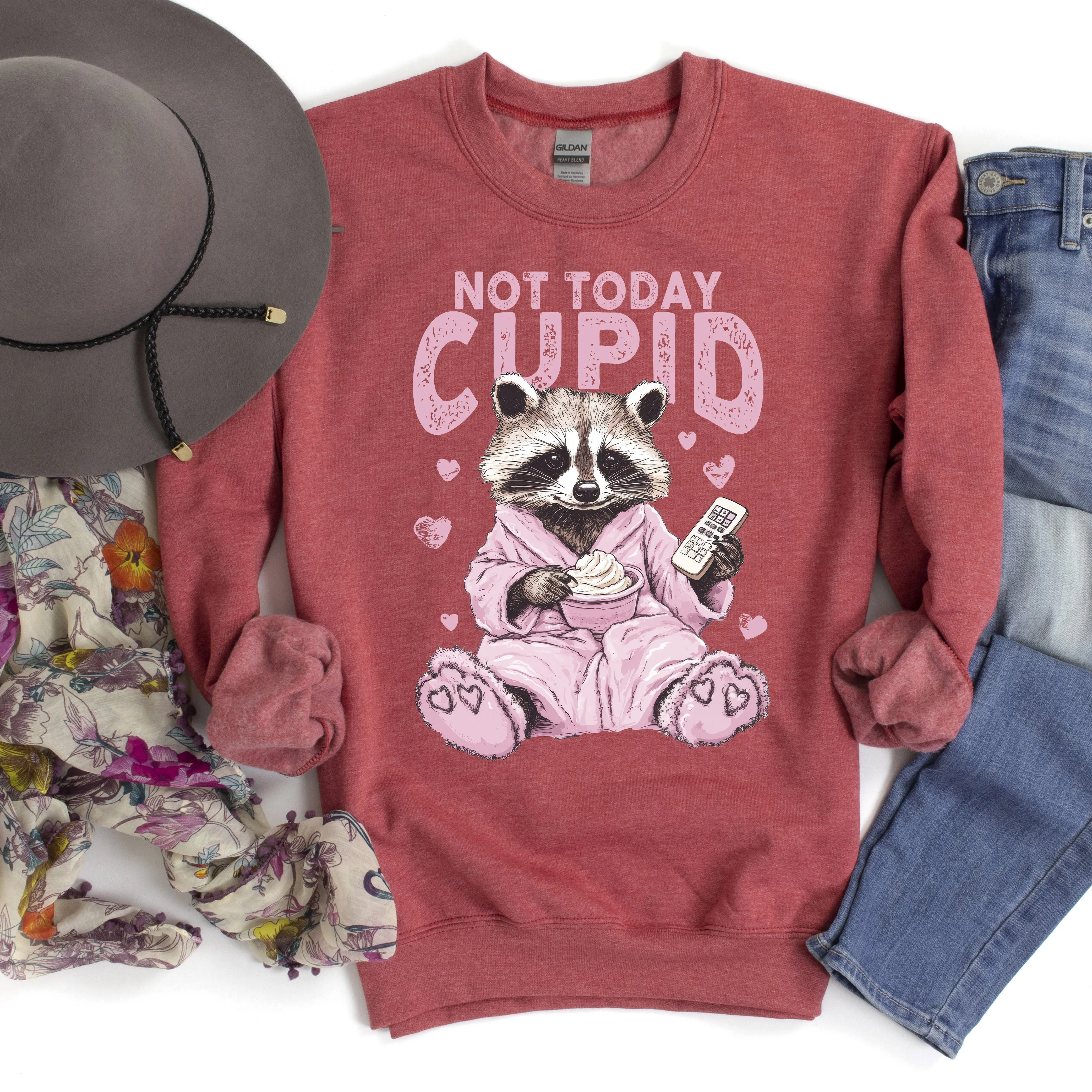 Not Today Cupid Feral Raccoon Valentine's Day Love For Pun Lovers Graphic Sweatshirt sold by Refinery Number One product image thumbnail 4