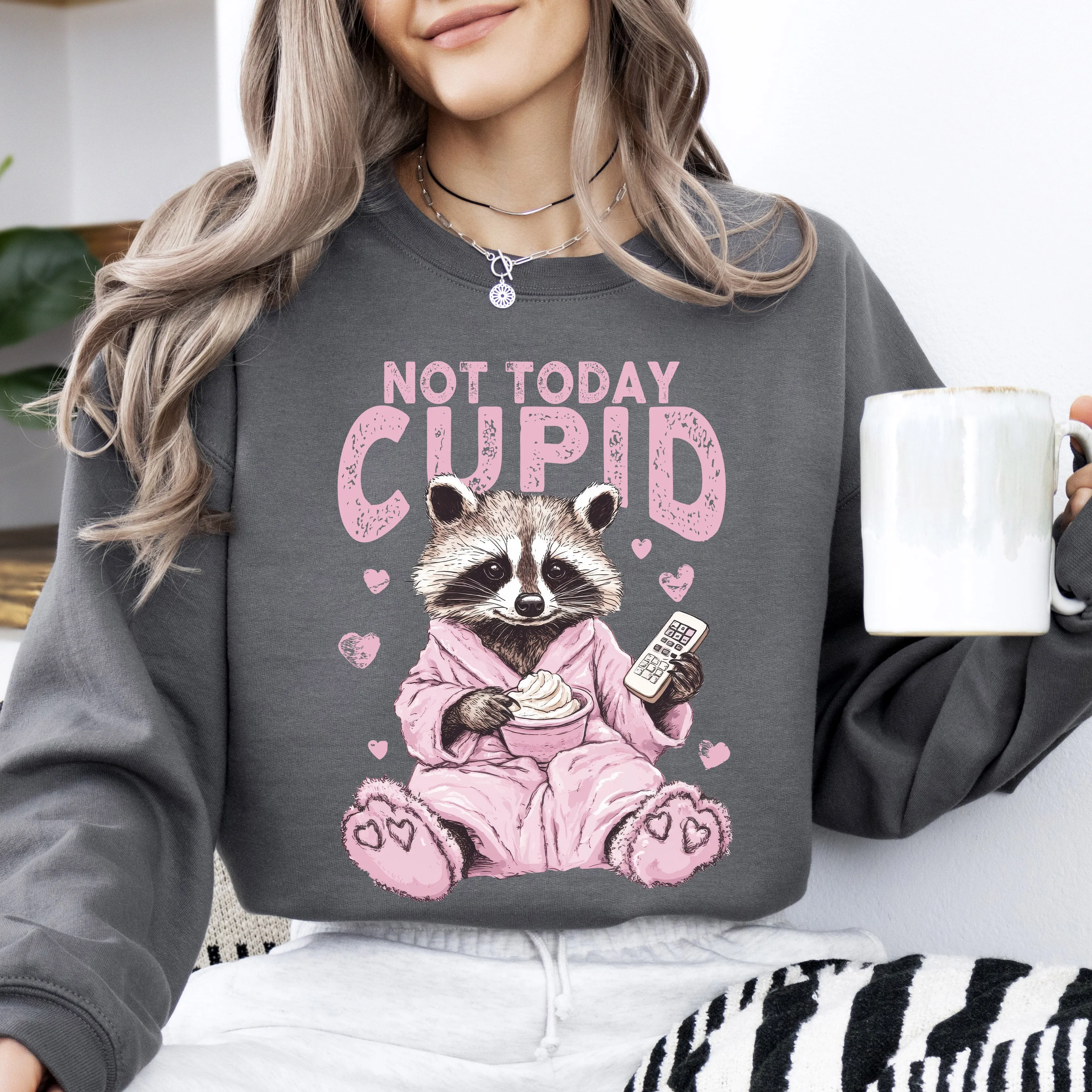 Not Today Cupid Feral Raccoon Valentine's Day Love For Pun Lovers Graphic Sweatshirt sold by Refinery Number One