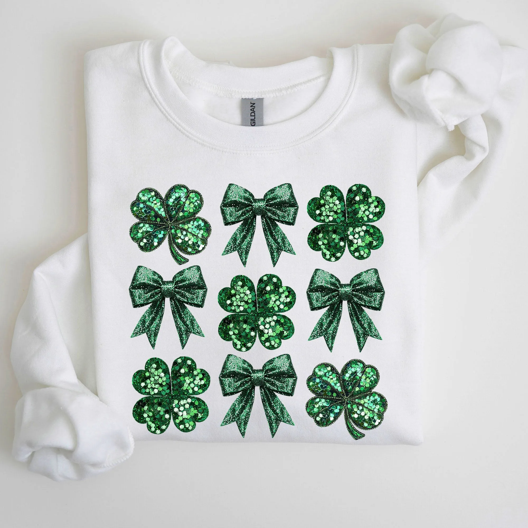 Sparkly Clover, Shamrock, Faux Sequins, Bow, Coquette, Lucky, Irish, Lucky Charm, St Patrick's Day Sweatshirt sold by Refinery Number One product image thumbnail 3