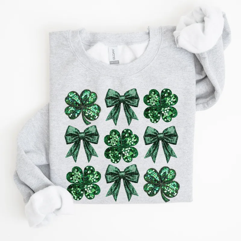 Sparkly Clover, Shamrock, Faux Sequins, Bow, Coquette, Lucky, Irish, Lucky Charm, St Patrick's Day Sweatshirt sold by Refinery Number One
