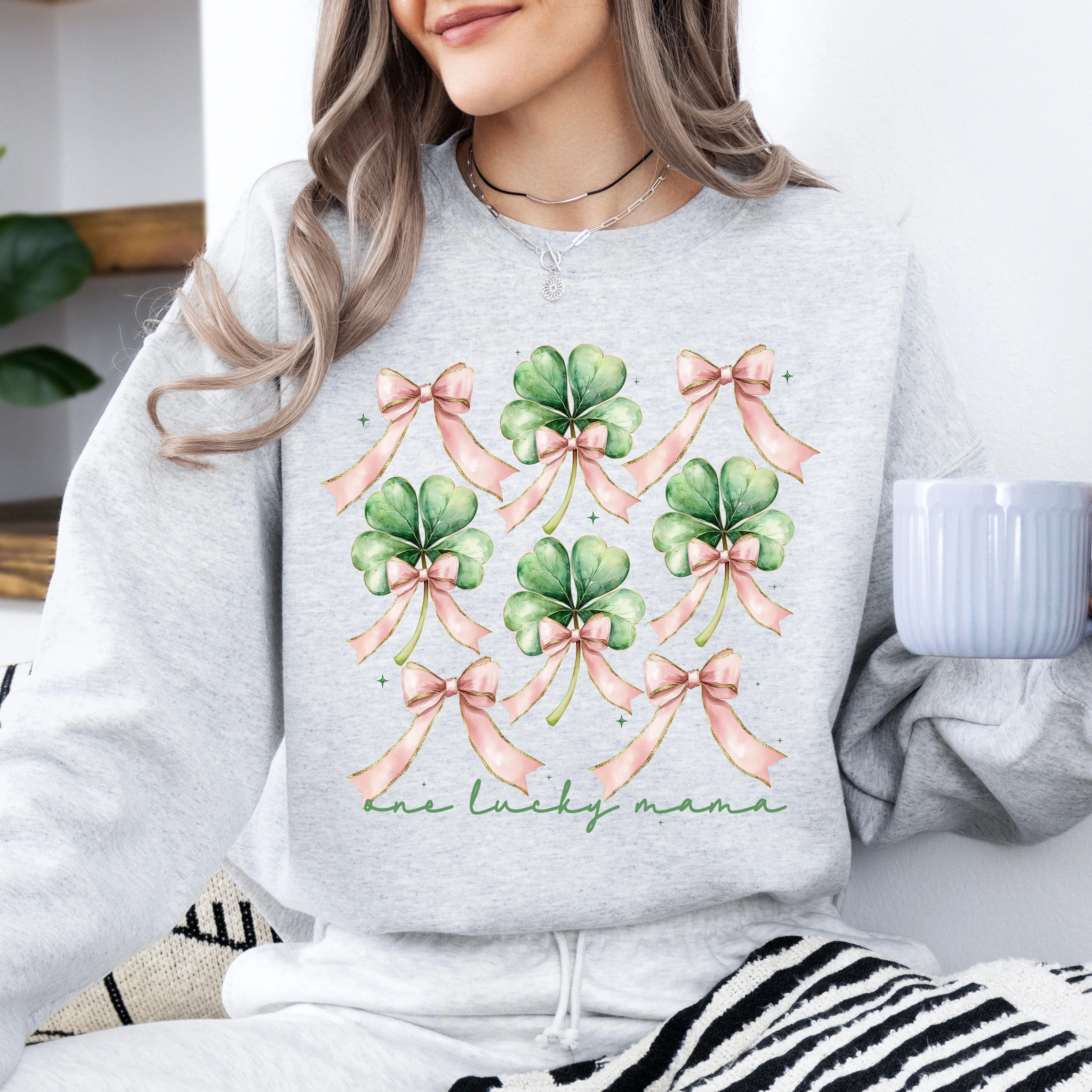 One Lucky Mama, St. Paddy's Day, Coquette, Bow, Clover, Shamrock, Lucky, Irish, Lucky Charm, St Patrick's Day Sweatshirt sold by Refinery Number One product image thumbnail 2
