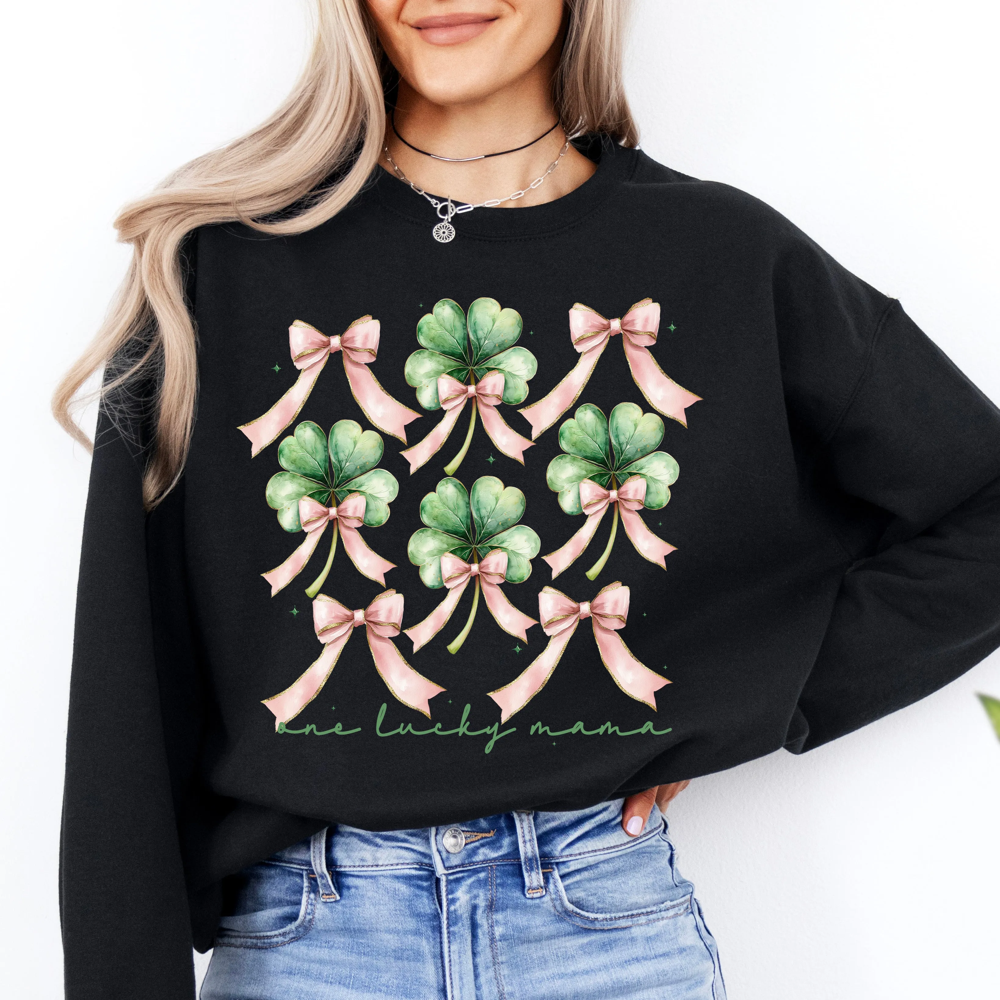 One Lucky Mama, St. Paddy's Day, Coquette, Bow, Clover, Shamrock, Lucky, Irish, Lucky Charm, St Patrick's Day Sweatshirt sold by Refinery Number One product image thumbnail 4
