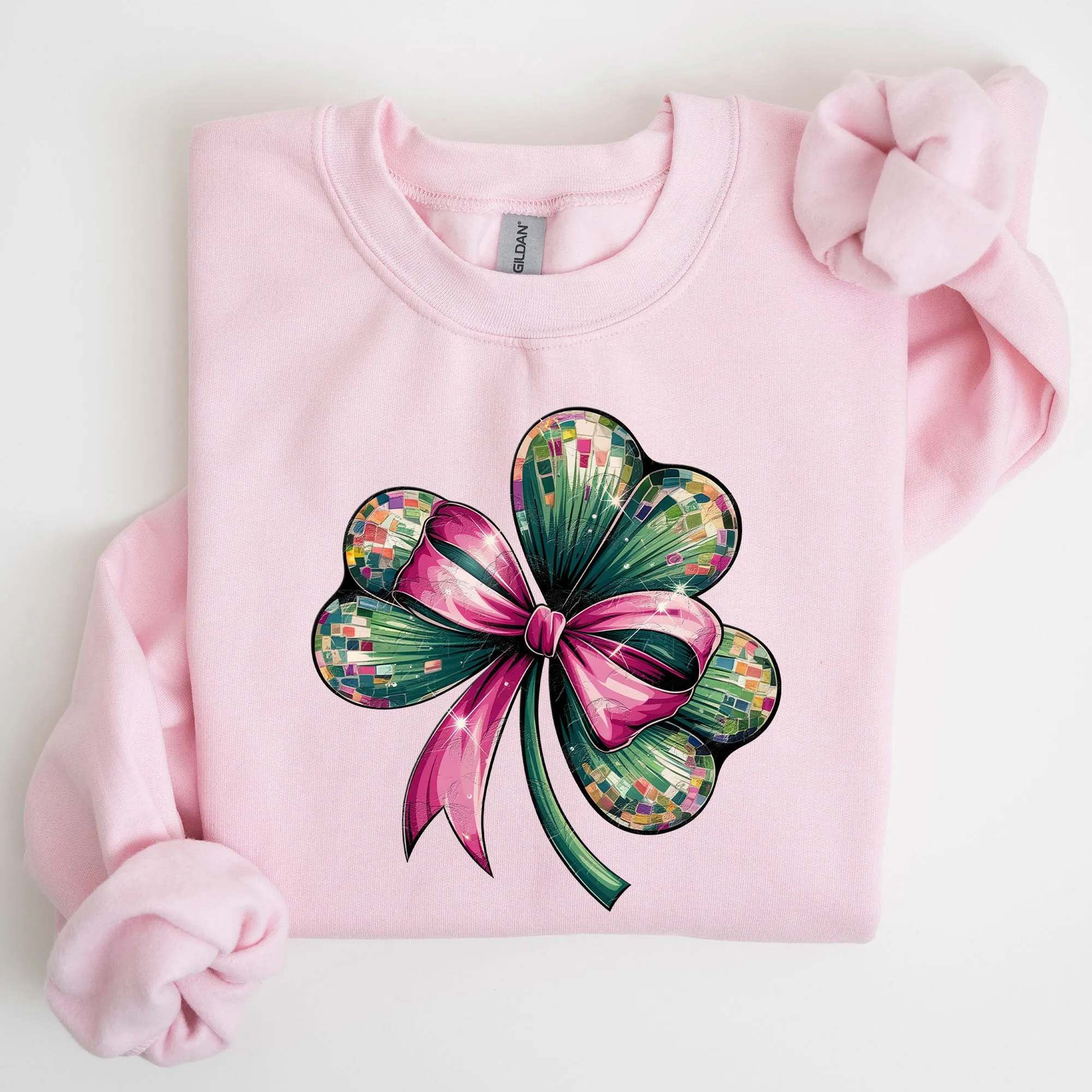 Coquette, Disco Ball, Bow, Shamrock, Clover, Irish, Lucky, Lucky Charm, St Patrick's Day Sweatshirt sold by Refinery Number One