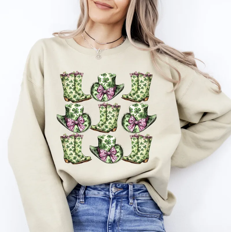 Boots and Hats, Cowboy, St Patrick's Day, Shamrock, Clover, Lucky, Leprechaun Sweatshirt sold by Refinery Number One