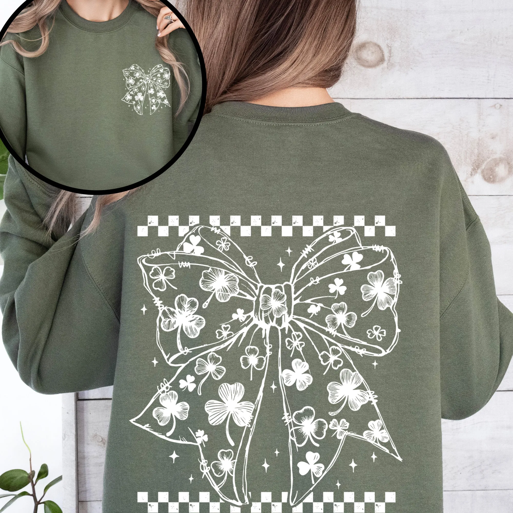 Checkered, Bow, Coquette, St Patrick's Day, Shamrock, Clover, Lucky, Leprechaun Sweatshirt sold by Refinery Number One