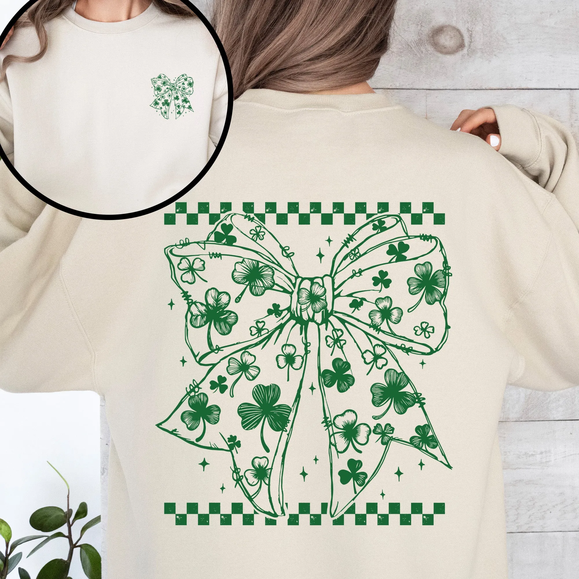 Checkered, Bow, Coquette, St Patrick's Day, Shamrock, Clover, Lucky, Leprechaun Sweatshirt sold by Refinery Number One product image thumbnail 4