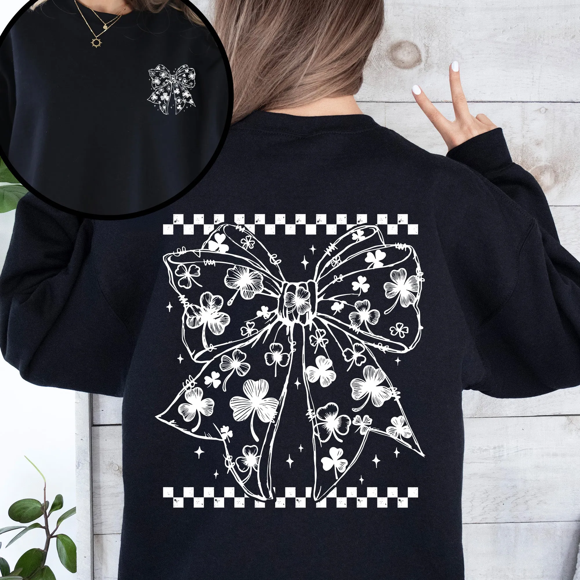 Checkered, Bow, Coquette, St Patrick's Day, Shamrock, Clover, Lucky, Leprechaun Sweatshirt sold by Refinery Number One product image thumbnail 5