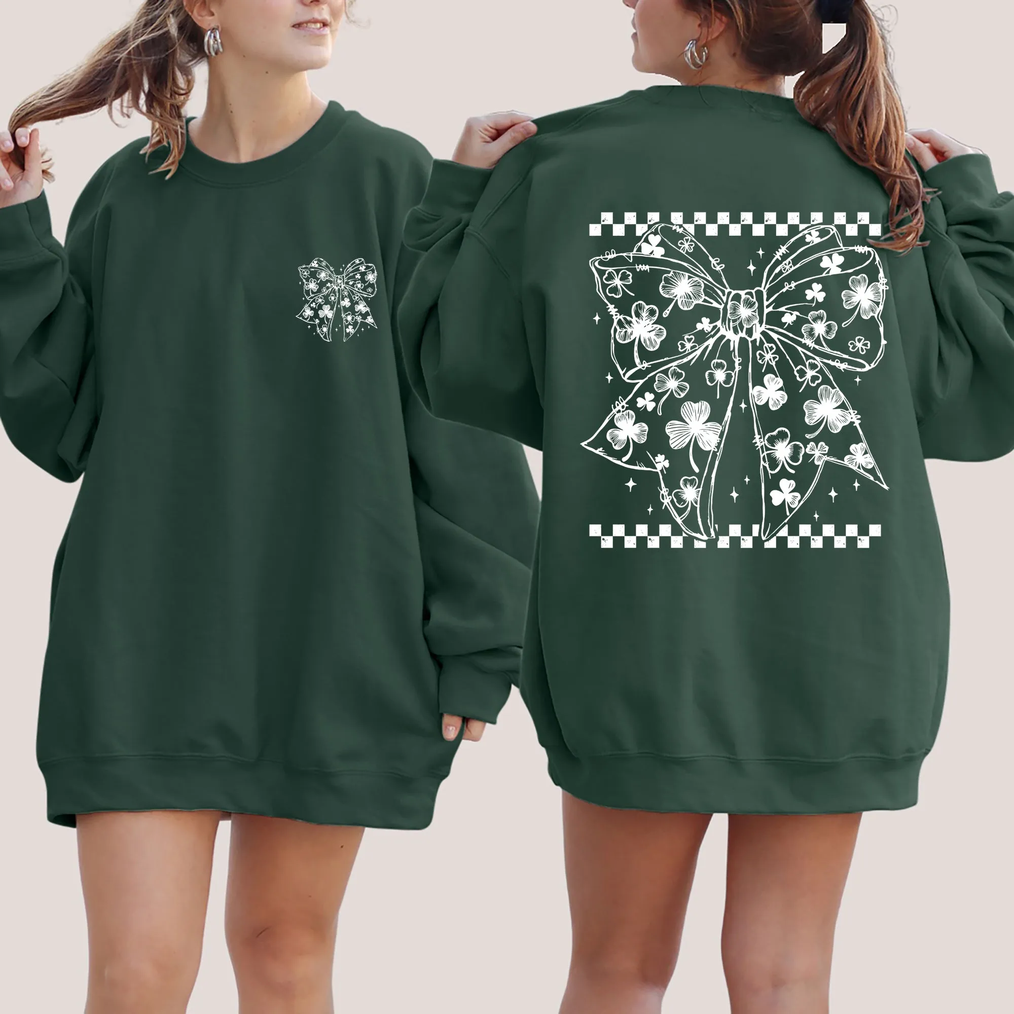 Checkered, Bow, Coquette, St Patrick's Day, Shamrock, Clover, Lucky, Leprechaun Sweatshirt sold by Refinery Number One product image thumbnail 3
