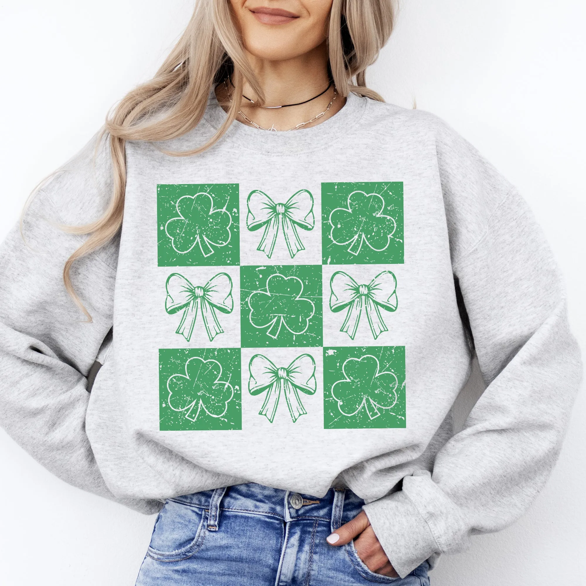 Checkered, Retro, Ribbon, Bows, St Patrick's Day, Shamrock, Clover, Lucky, Leprechaun Sweatshirt sold by Refinery Number One