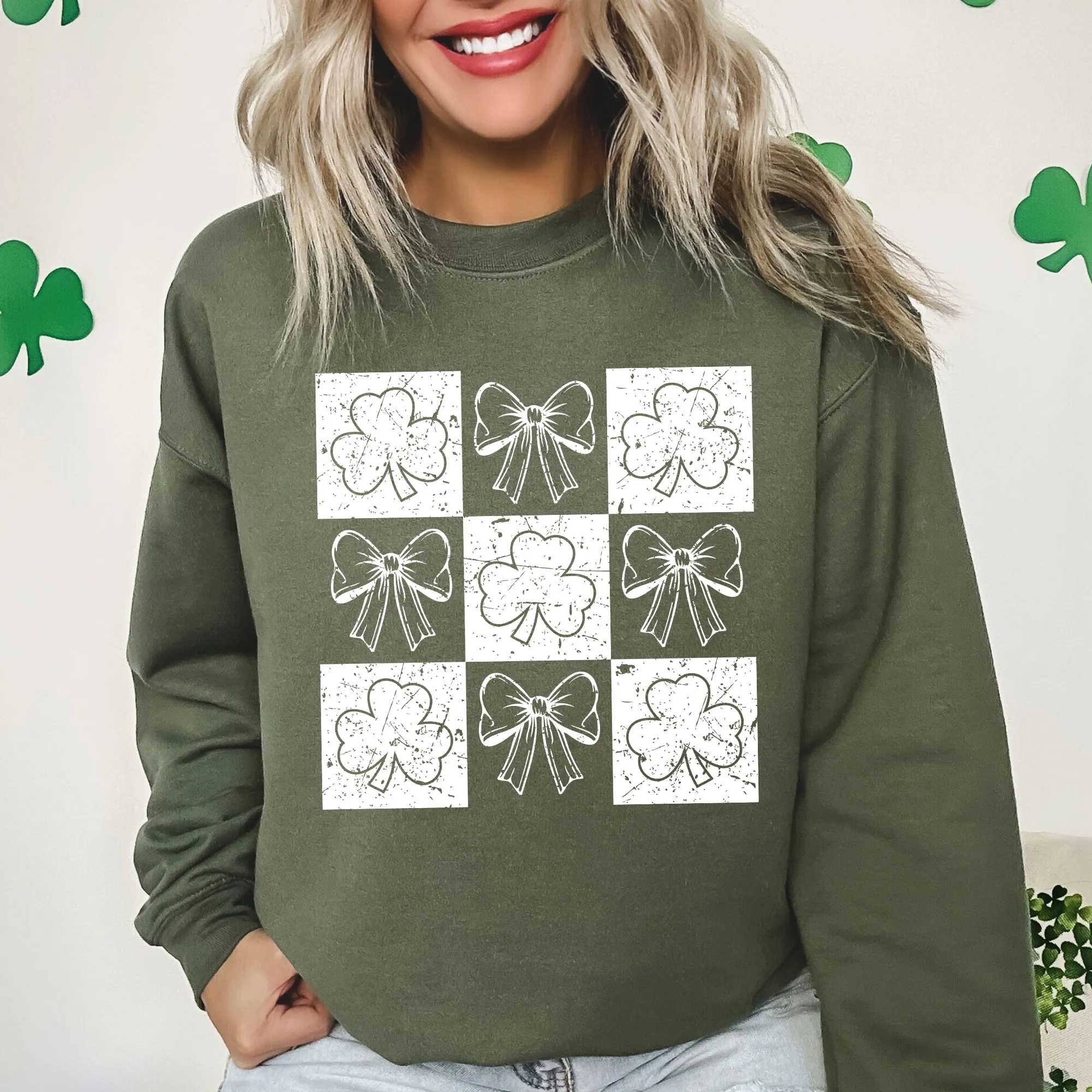 Checkered, Retro, Ribbon, Bows, St Patrick's Day, Shamrock, Clover, Lucky, Leprechaun Sweatshirt sold by Refinery Number One product image thumbnail 5