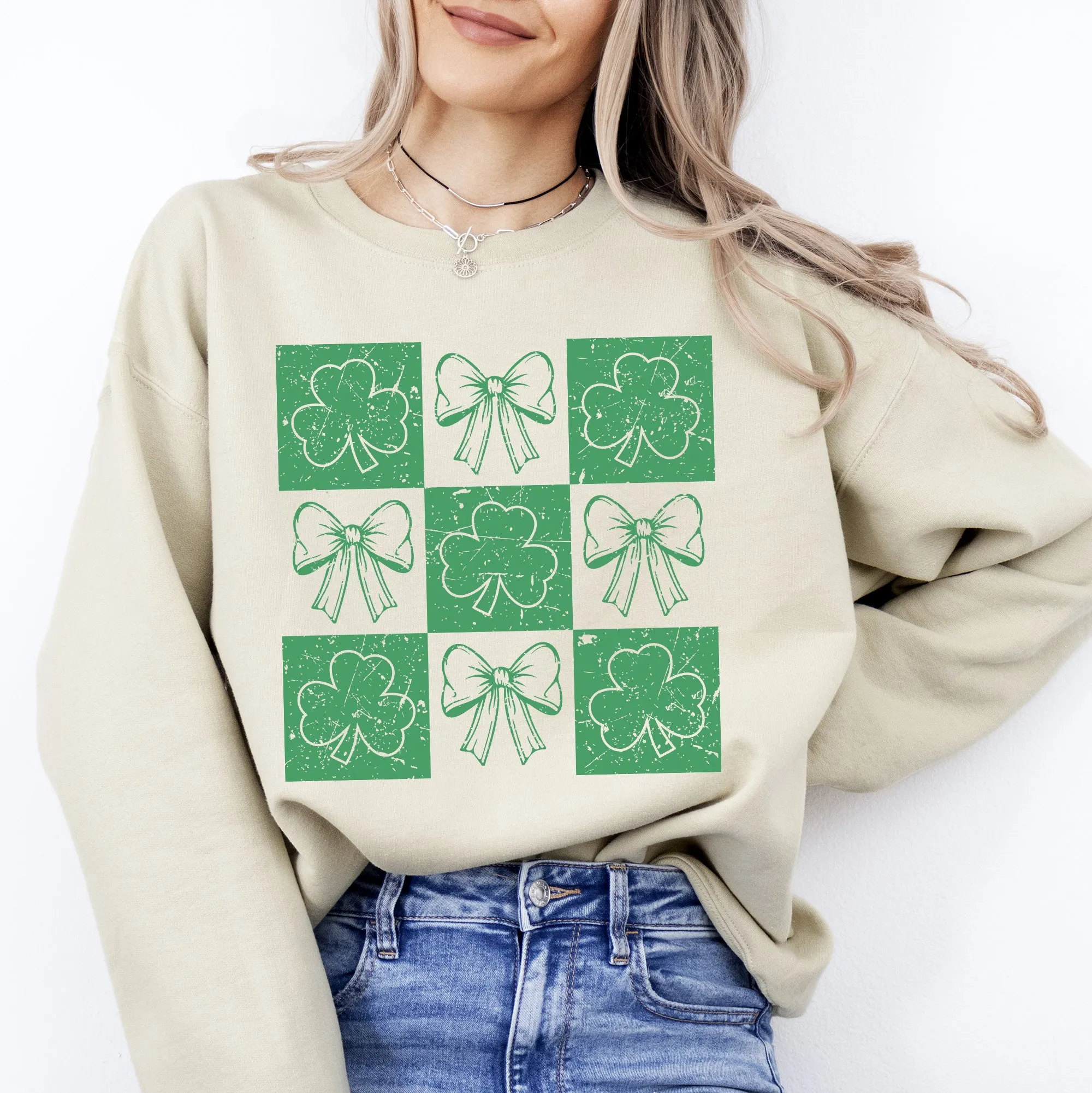 Checkered, Retro, Ribbon, Bows, St Patrick's Day, Shamrock, Clover, Lucky, Leprechaun Sweatshirt sold by Refinery Number One product image thumbnail 2