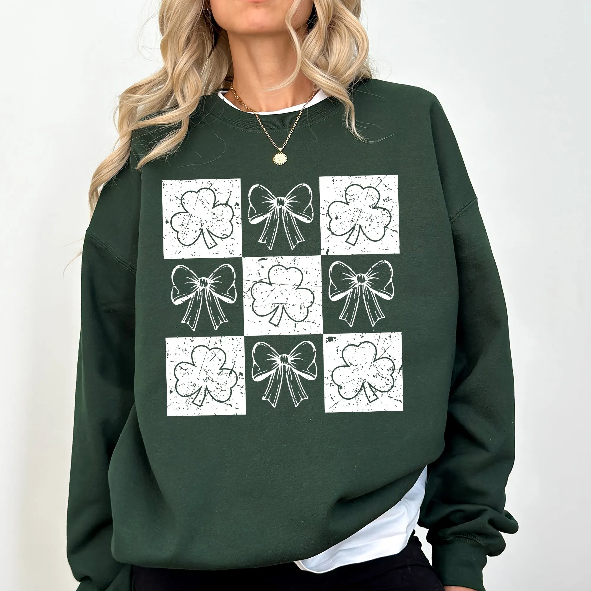 Checkered, Retro, Ribbon, Bows, St Patrick's Day, Shamrock, Clover, Lucky, Leprechaun Sweatshirt sold by Refinery Number One product image thumbnail 3