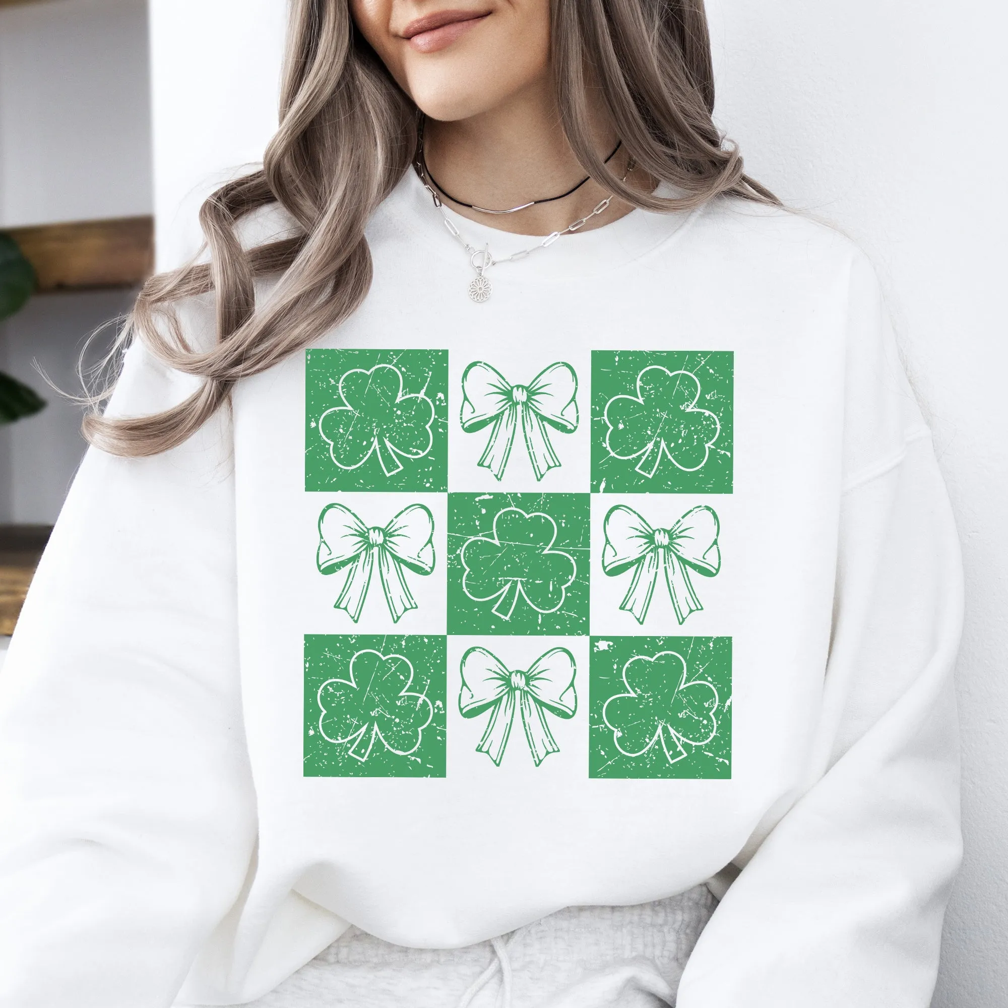 Checkered, Retro, Ribbon, Bows, St Patrick's Day, Shamrock, Clover, Lucky, Leprechaun Sweatshirt sold by Refinery Number One product image thumbnail 4