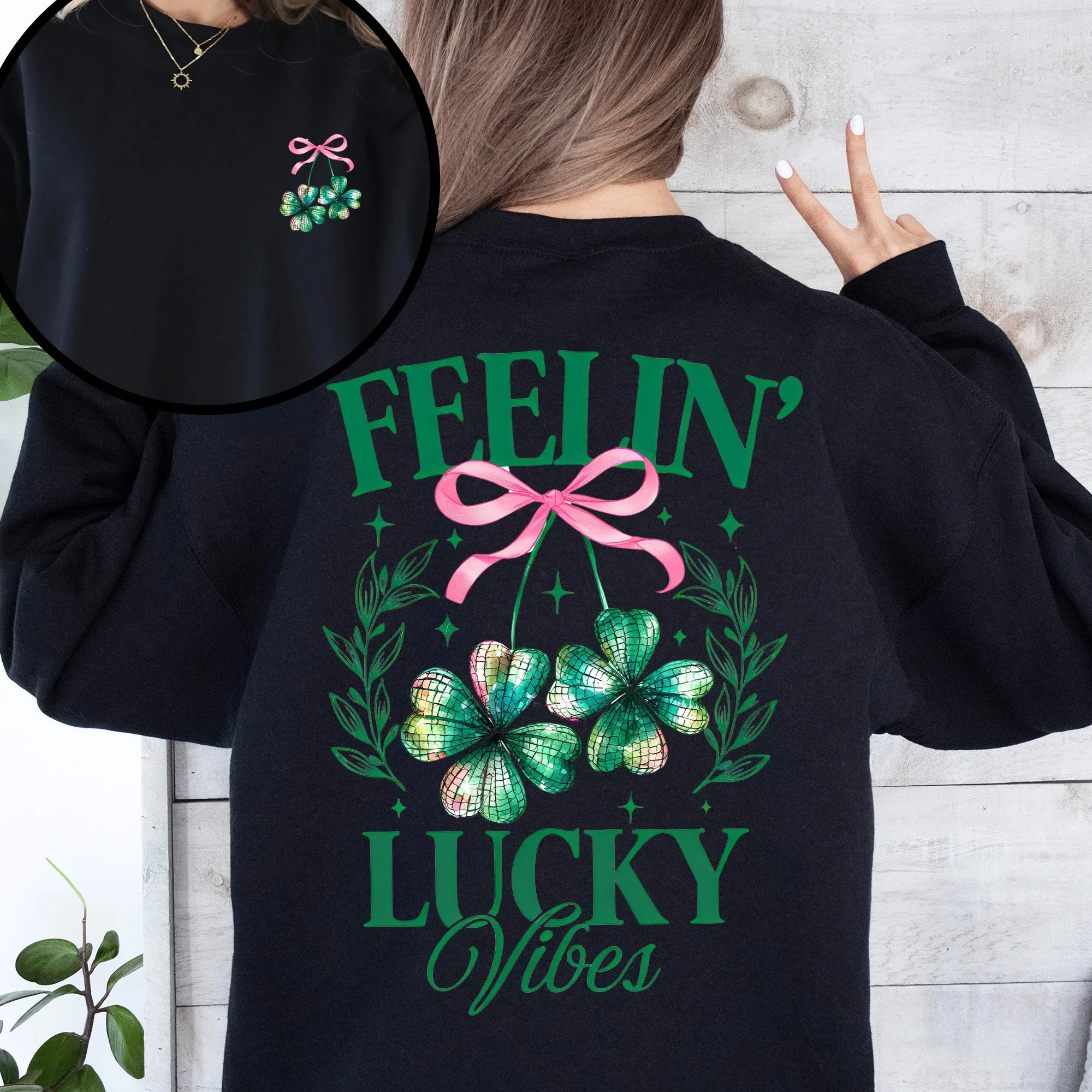 Feelin' Lucky Vibes Coquette St Patrick's Day Shamrock Clover Leprechaun Sweatshirt sold by Refinery Number One product image thumbnail 4