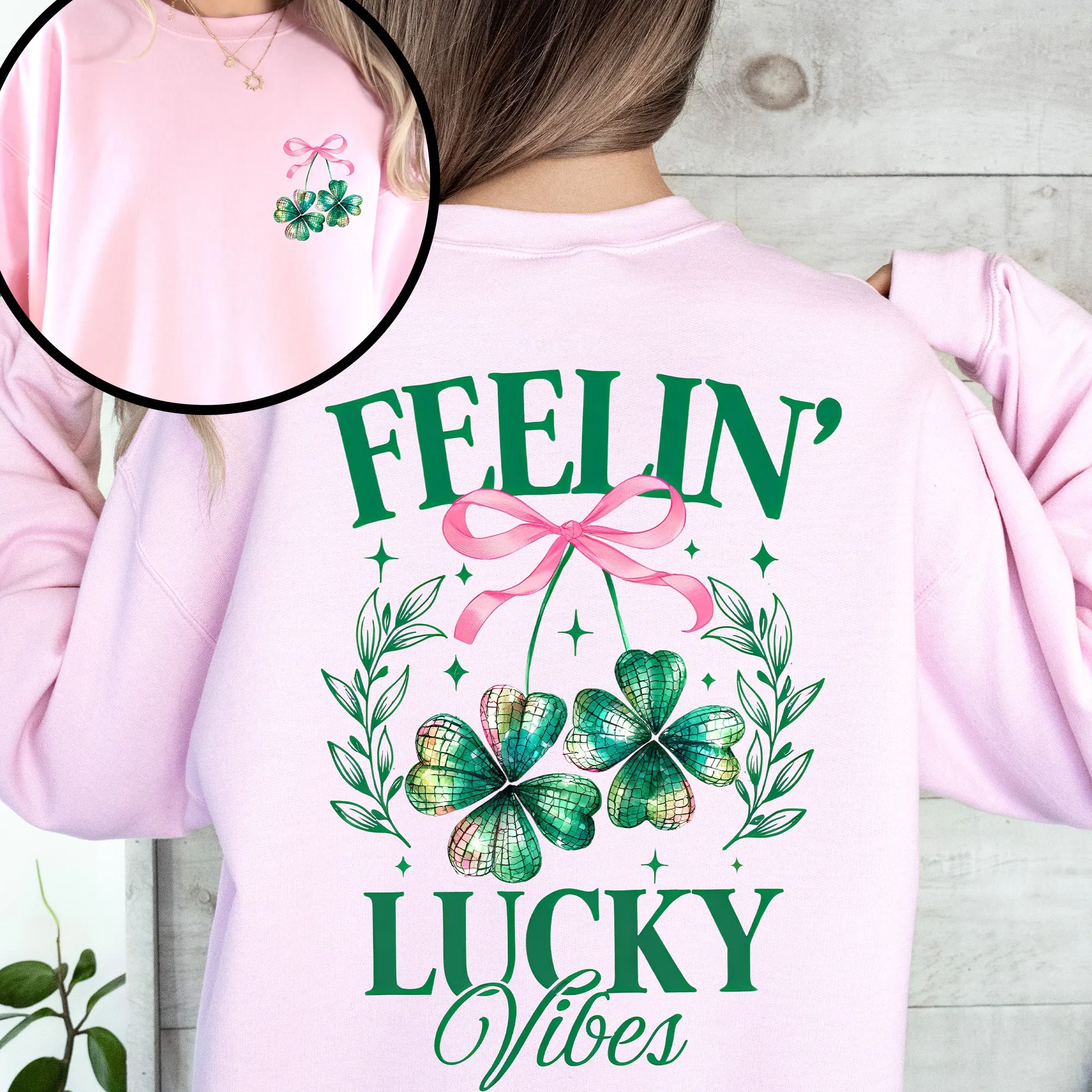 Feelin' Lucky Vibes Coquette St Patrick's Day Shamrock Clover Leprechaun Sweatshirt sold by Refinery Number One