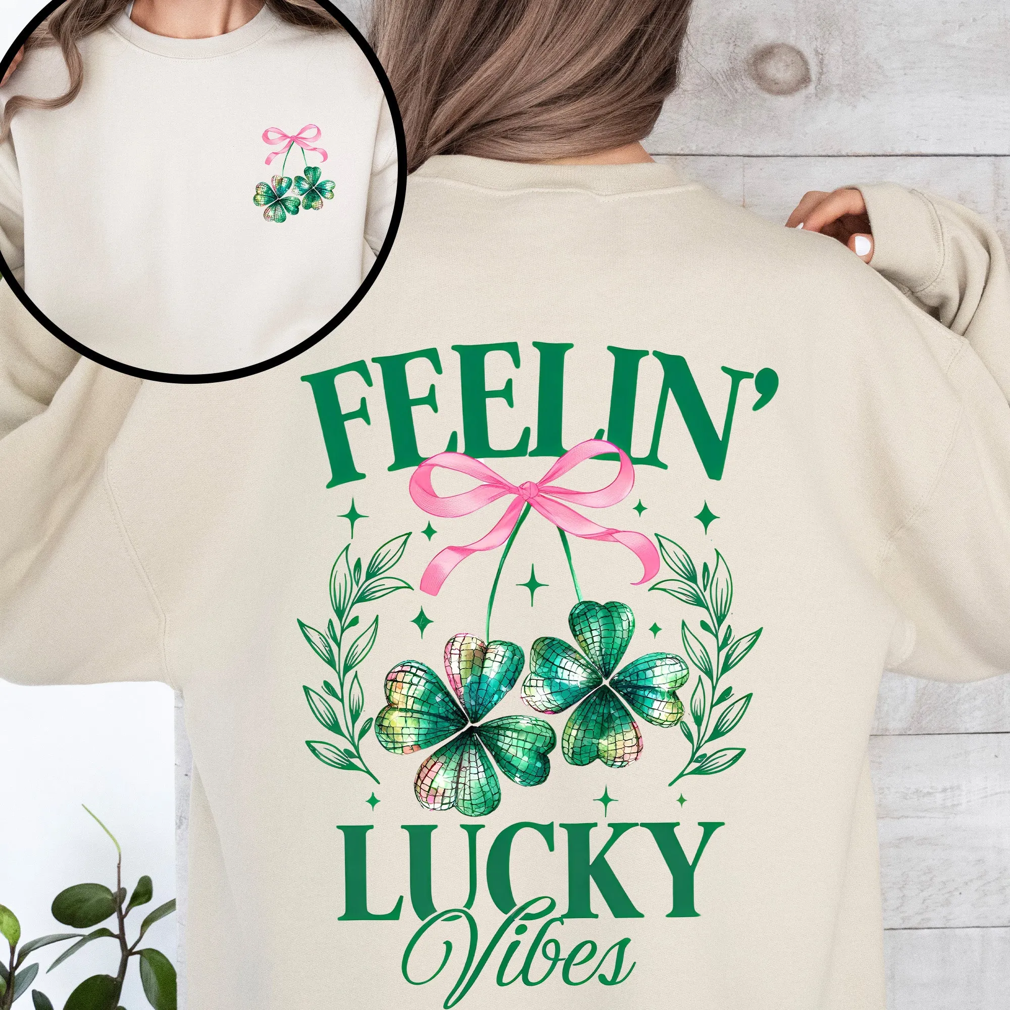 Feelin' Lucky Vibes Coquette St Patrick's Day Shamrock Clover Leprechaun Sweatshirt sold by Refinery Number One product image thumbnail 3