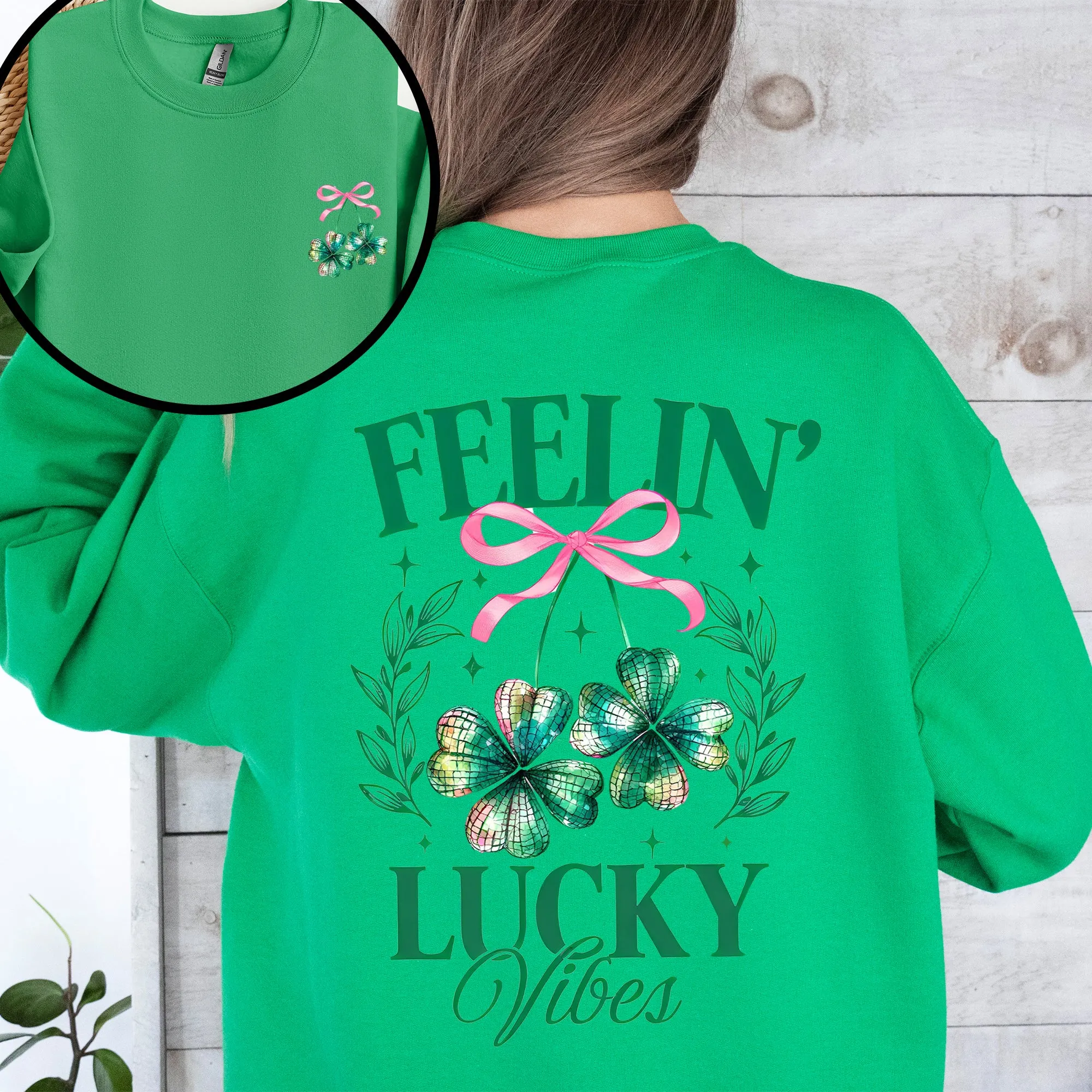 Feelin' Lucky Vibes Coquette St Patrick's Day Shamrock Clover Leprechaun Sweatshirt sold by Refinery Number One product image thumbnail 5