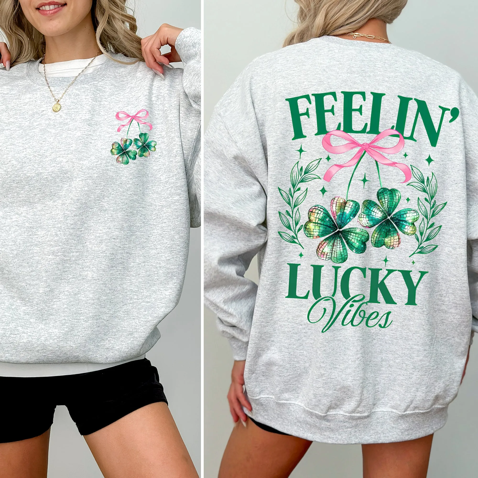 Feelin' Lucky Vibes Coquette St Patrick's Day Shamrock Clover Leprechaun Sweatshirt sold by Refinery Number One product image thumbnail 2