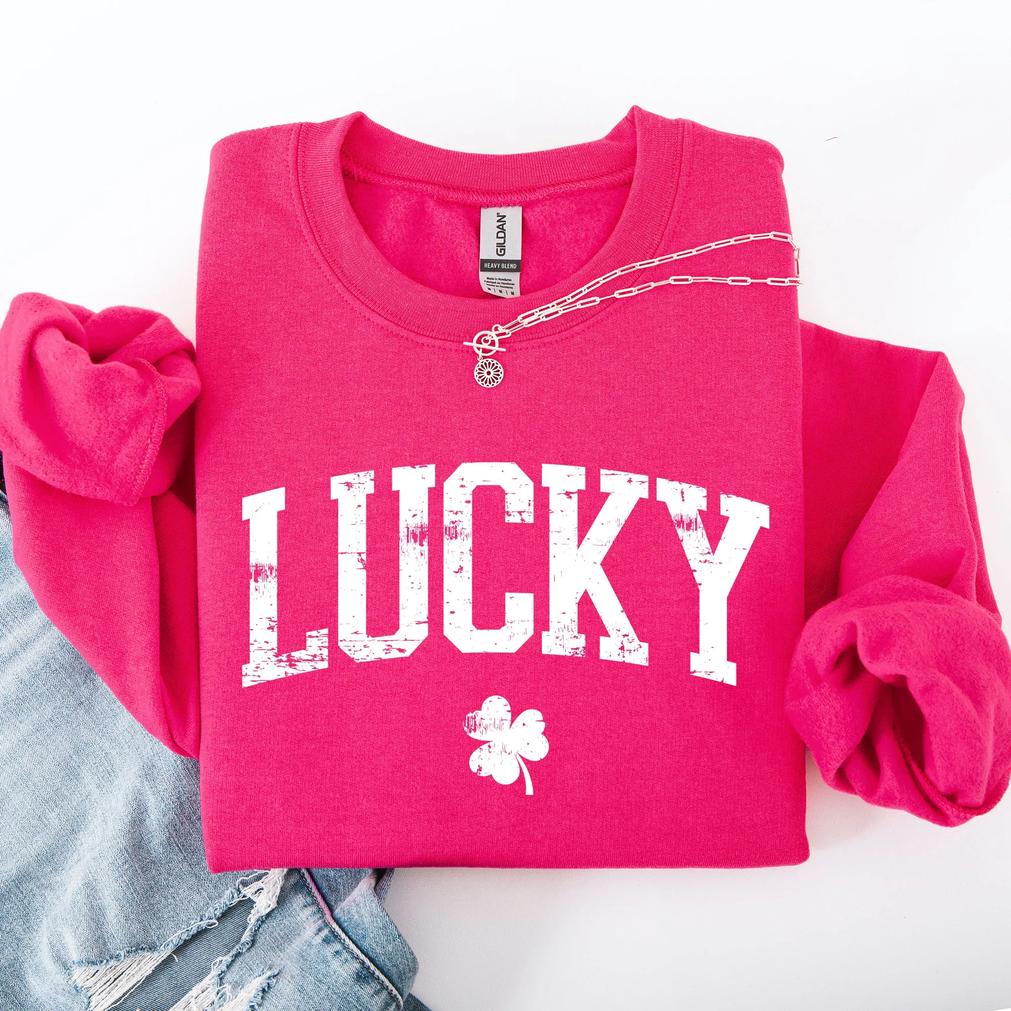 Lucky, Collegiate, Varsity, St Patrick's Day, Shamrock, Clover, Lucky, Leprechaun Sweatshirt sold by Refinery Number One product image thumbnail 2