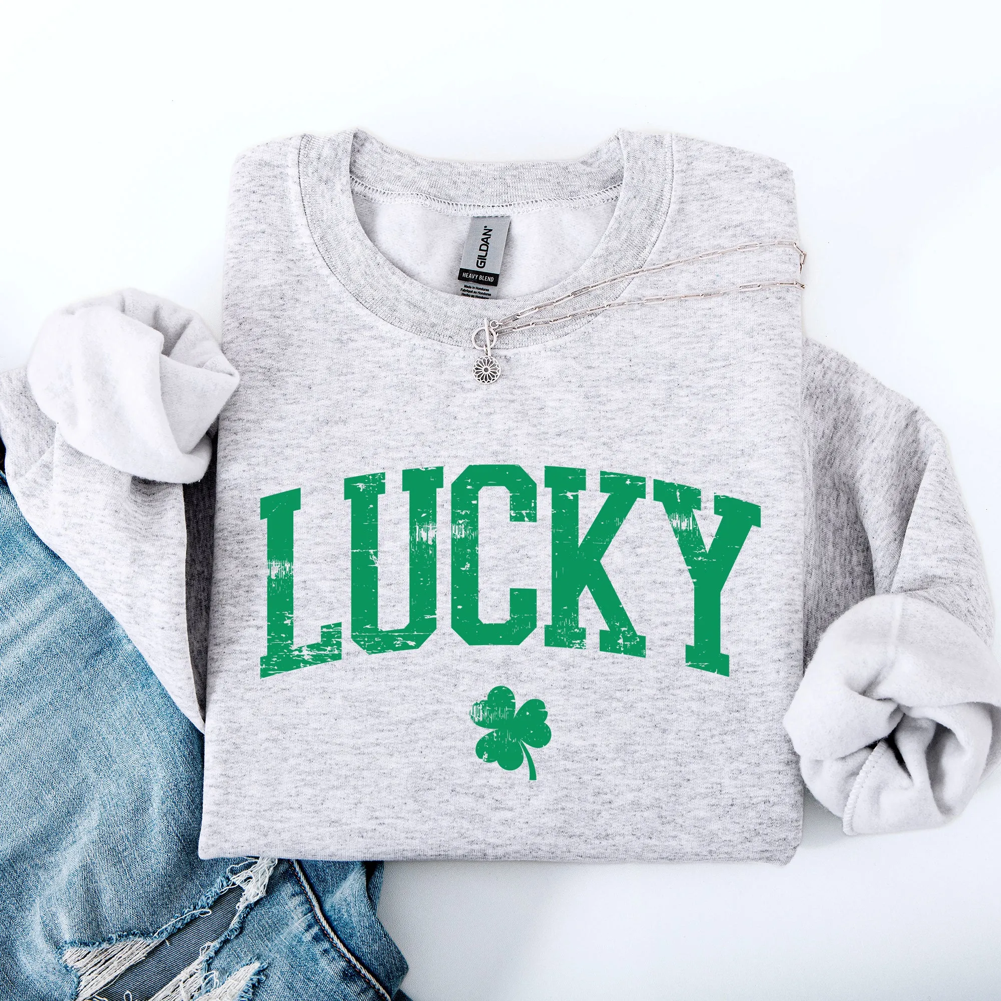 Lucky, Collegiate, Varsity, St Patrick's Day, Shamrock, Clover, Lucky, Leprechaun Sweatshirt sold by Refinery Number One product image thumbnail 4