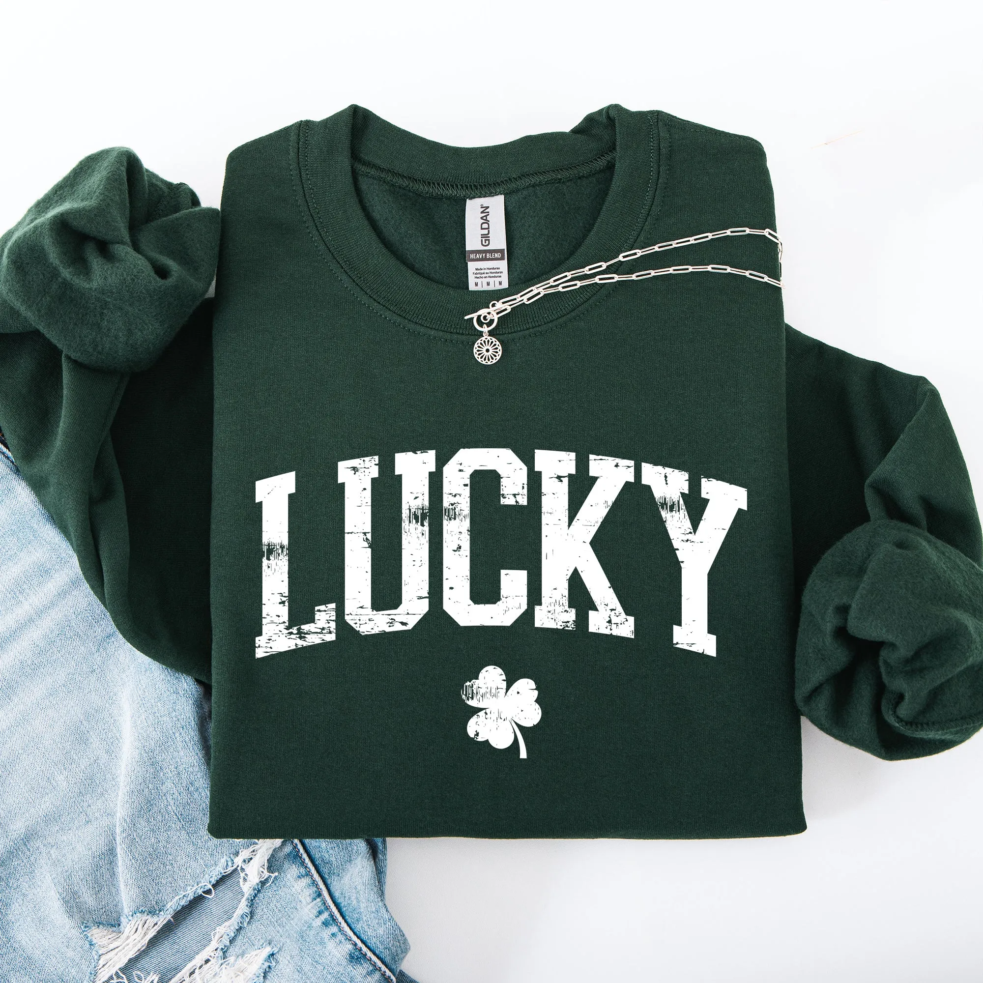 Lucky, Collegiate, Varsity, St Patrick's Day, Shamrock, Clover, Lucky, Leprechaun Sweatshirt sold by Refinery Number One product image thumbnail 3
