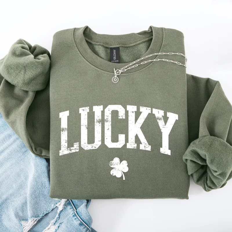 Lucky, Collegiate, Varsity, St Patrick's Day, Shamrock, Clover, Lucky, Leprechaun Sweatshirt sold by Refinery Number One