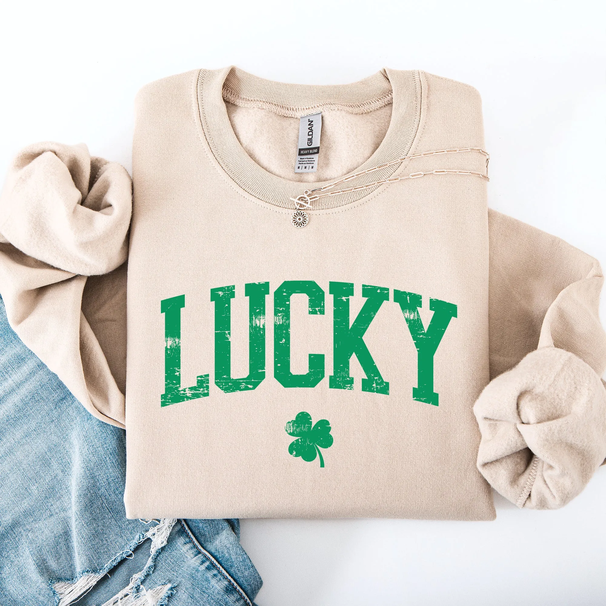 Lucky, Collegiate, Varsity, St Patrick's Day, Shamrock, Clover, Lucky, Leprechaun Sweatshirt sold by Refinery Number One product image thumbnail 5