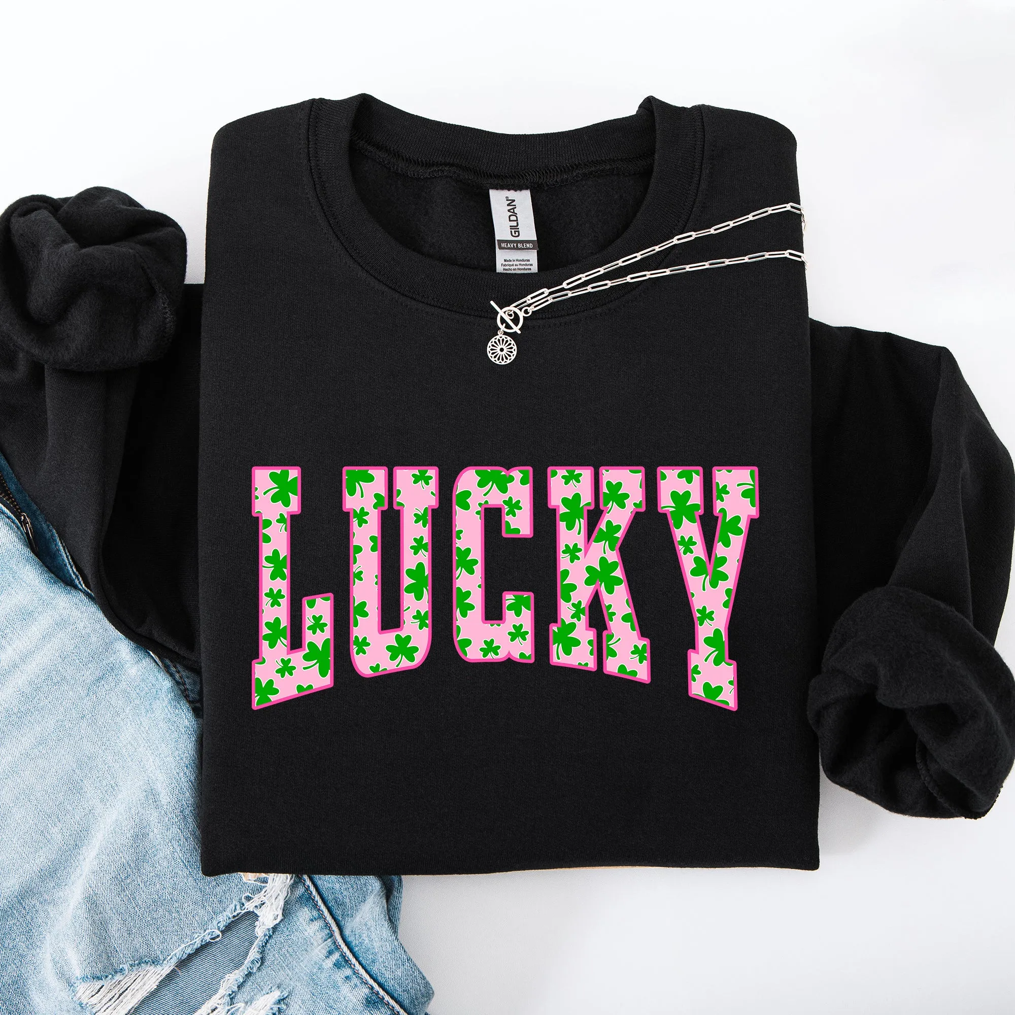 Lucky, Collegiate, Varsity, Vintage, St Patrick's Day, Shamrock, Clover, Lucky, Leprechaun Sweatshirt sold by Refinery Number One product image thumbnail 3