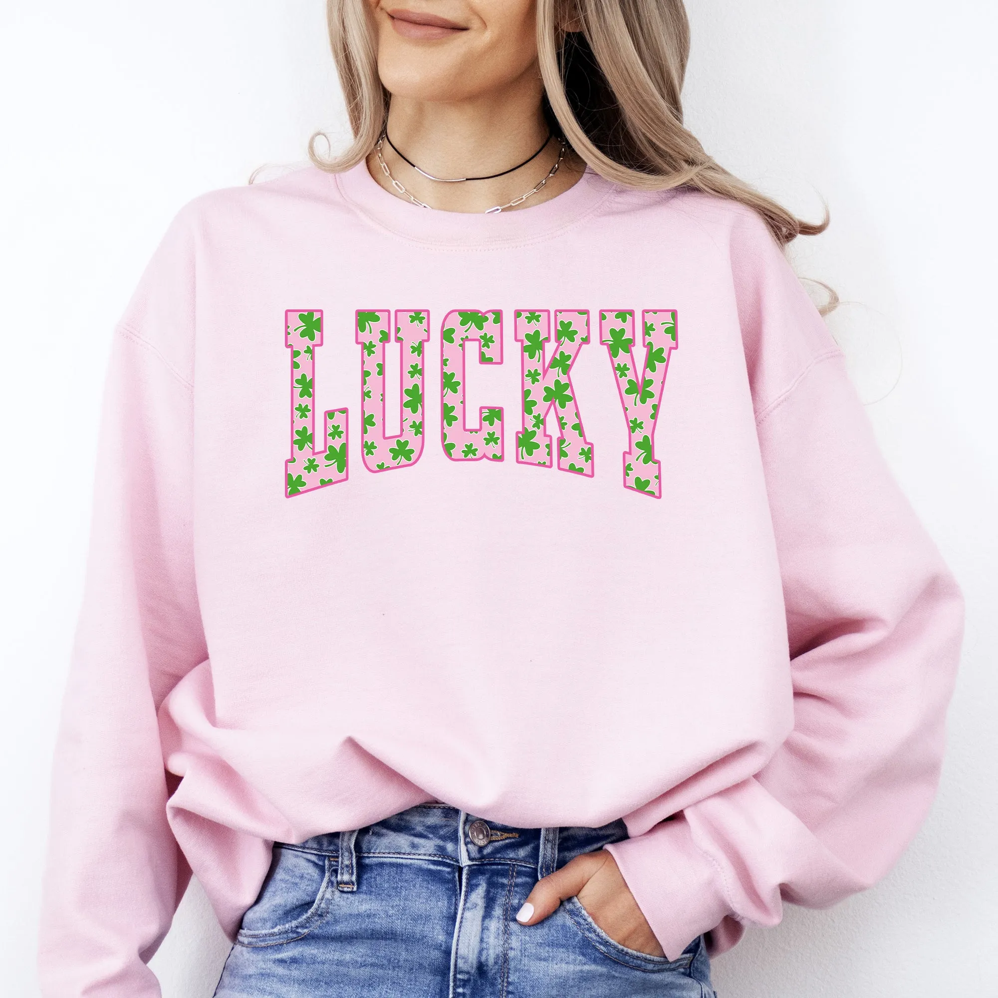 Lucky, Collegiate, Varsity, Vintage, St Patrick's Day, Shamrock, Clover, Lucky, Leprechaun Sweatshirt sold by Refinery Number One