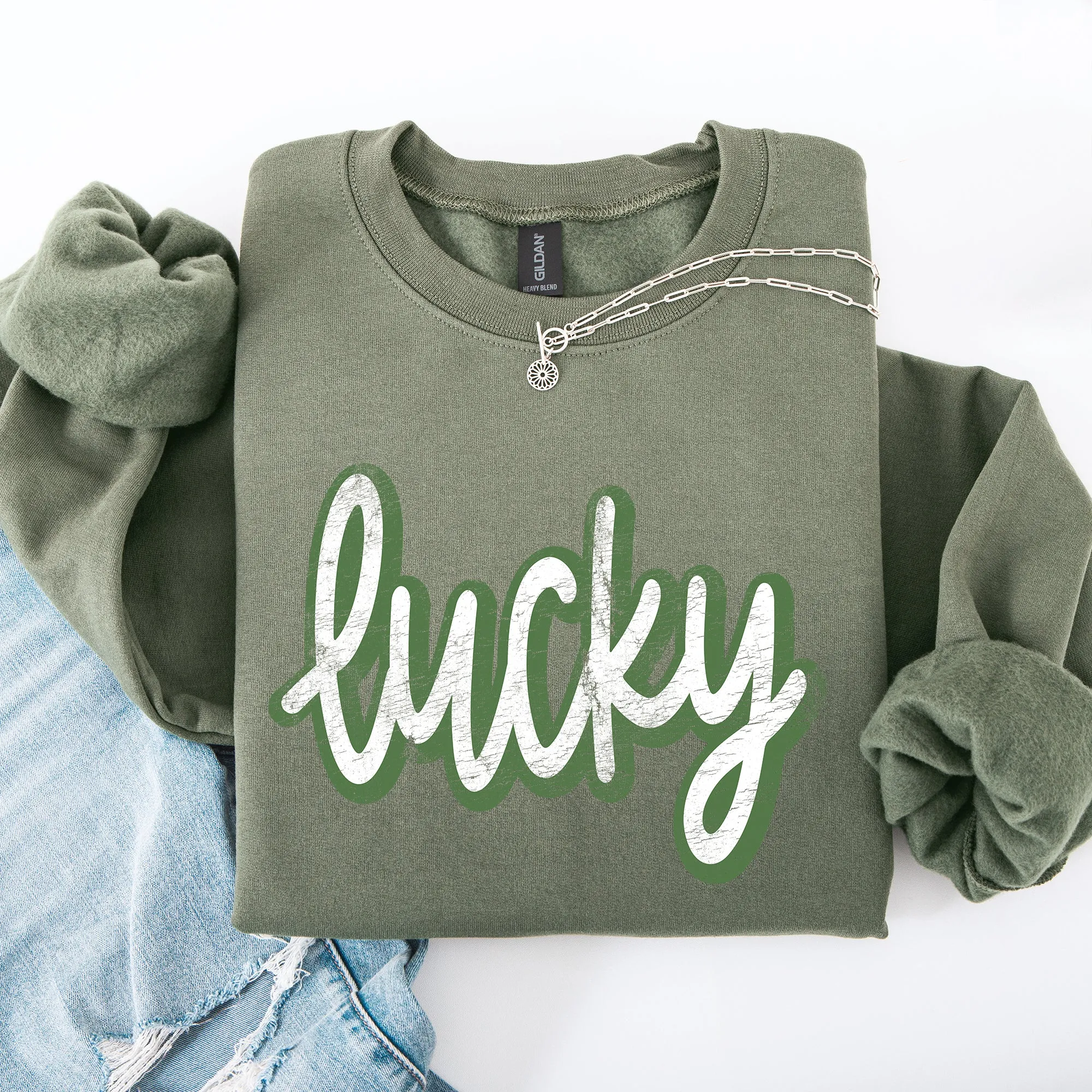 Lucky, Cursive, Vintage, St Patrick's Day, Shamrock, Clover, Lucky, Leprechaun Sweatshirt sold by Refinery Number One