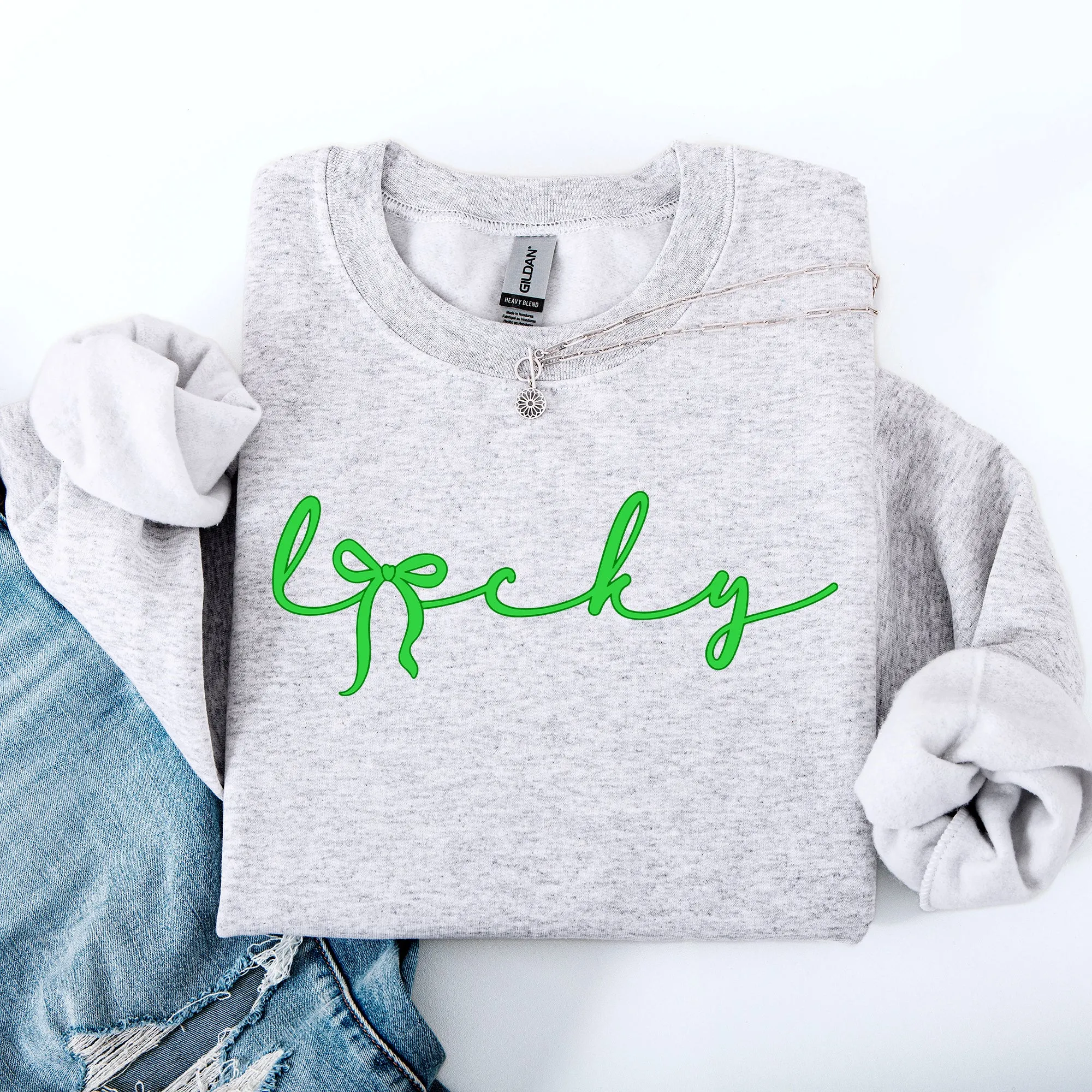 Lucky, Ribbon, Coquette, Bow, St Patrick's Day, Shamrock, Clover, Lucky, Leprechaun Sweatshirt sold by Refinery Number One product image thumbnail 2