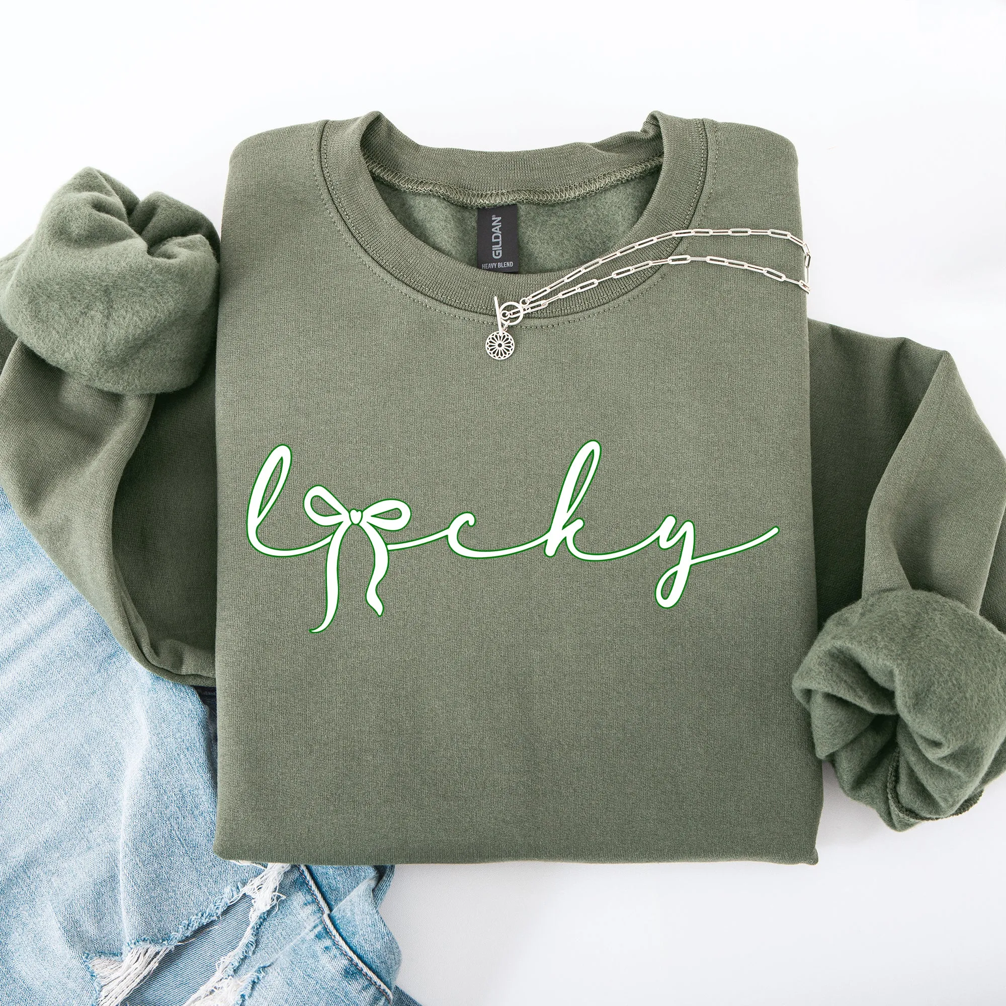 Lucky, Ribbon, Coquette, Bow, St Patrick's Day, Shamrock, Clover, Lucky, Leprechaun Sweatshirt sold by Refinery Number One