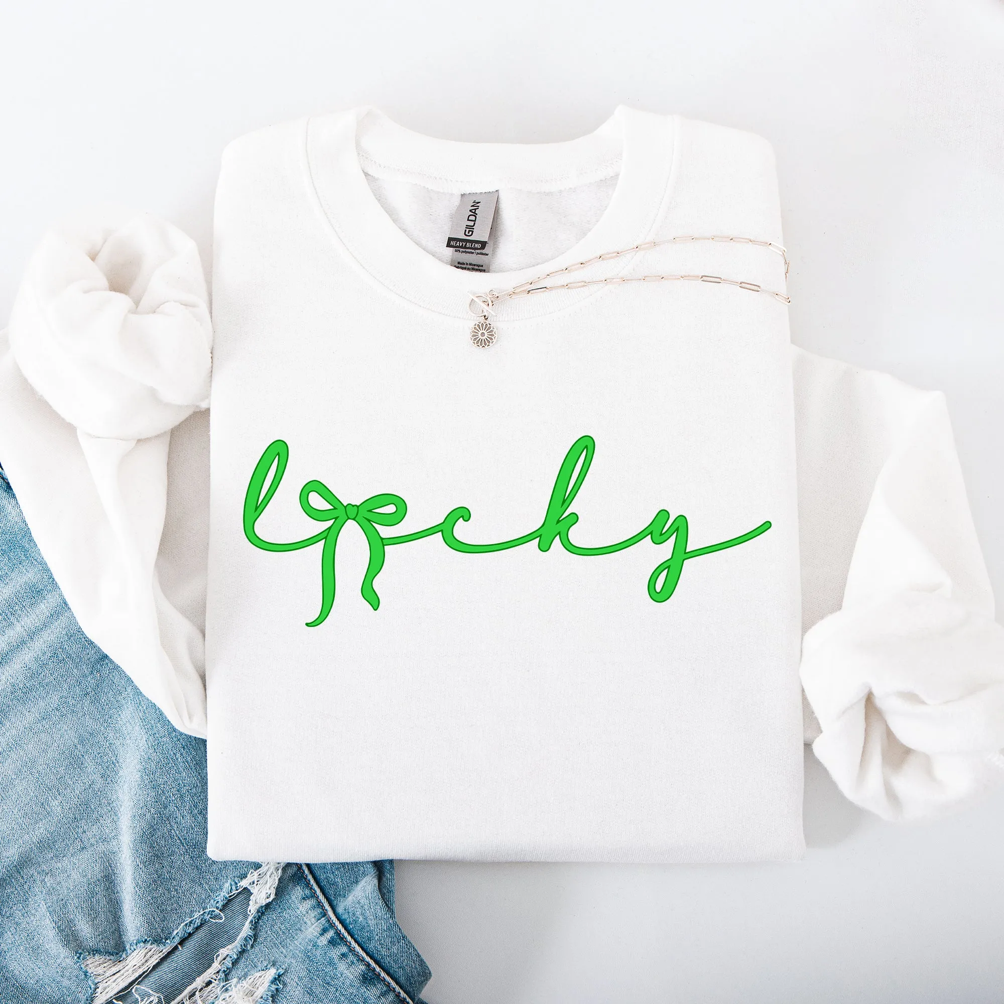 Lucky, Ribbon, Coquette, Bow, St Patrick's Day, Shamrock, Clover, Lucky, Leprechaun Sweatshirt sold by Refinery Number One product image thumbnail 4