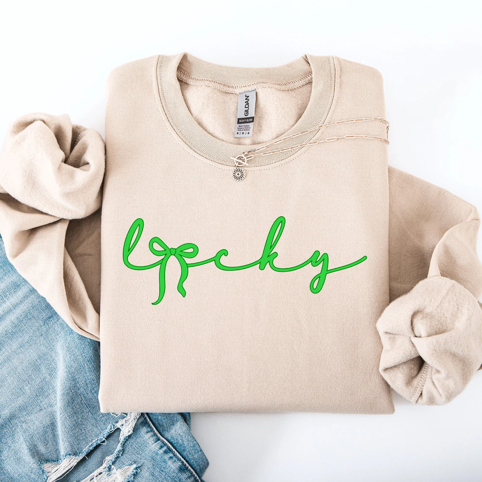 Lucky, Ribbon, Coquette, Bow, St Patrick's Day, Shamrock, Clover, Lucky, Leprechaun Sweatshirt sold by Refinery Number One product image thumbnail 3
