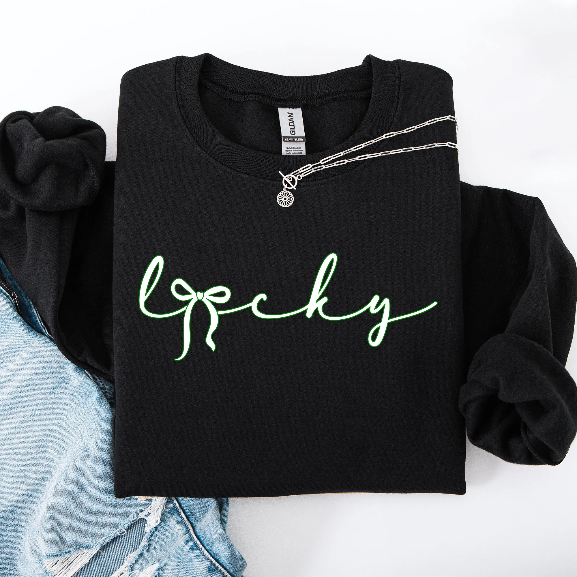 Lucky, Ribbon, Coquette, Bow, St Patrick's Day, Shamrock, Clover, Lucky, Leprechaun Sweatshirt sold by Refinery Number One product image thumbnail 5