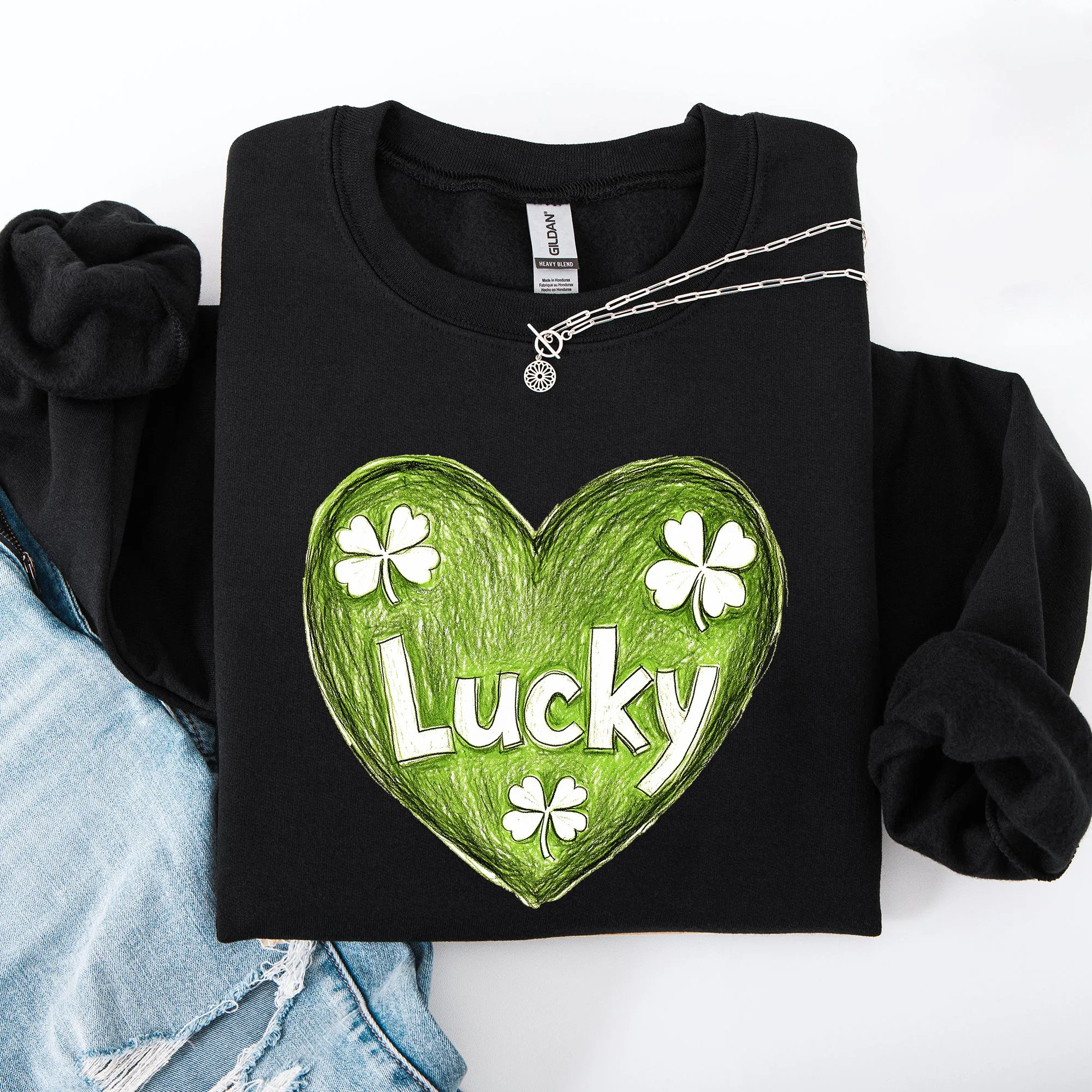 Lucky, Sketched Heart, St Patrick's Day, Shamrock, Clover, Lucky, Leprechaun Sweatshirt sold by Refinery Number One product image thumbnail 4