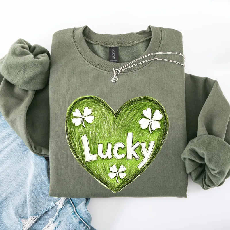 Lucky, Sketched Heart, St Patrick's Day, Shamrock, Clover, Lucky, Leprechaun Sweatshirt sold by Refinery Number One