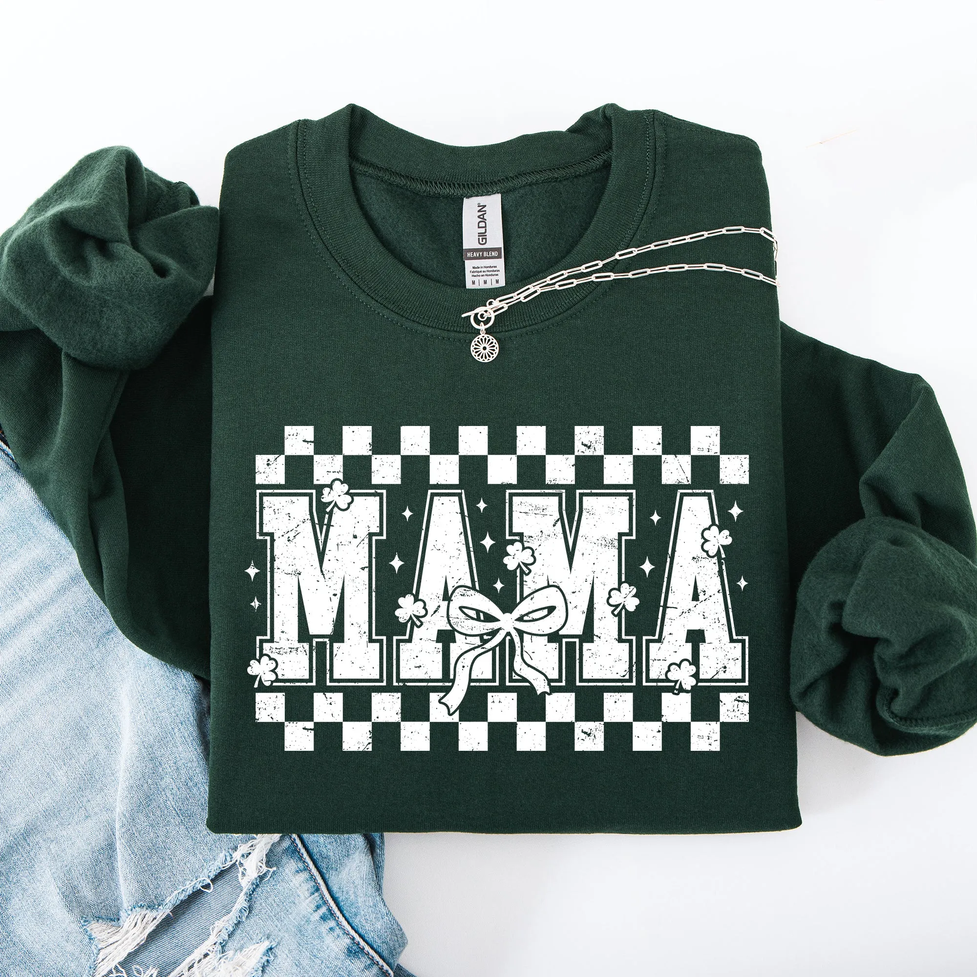 Mama, Checkered, Bow, Ribbon, St Patrick's Day, Shamrock, Clover, Lucky, Leprechaun Sweatshirt sold by Refinery Number One product image thumbnail 4