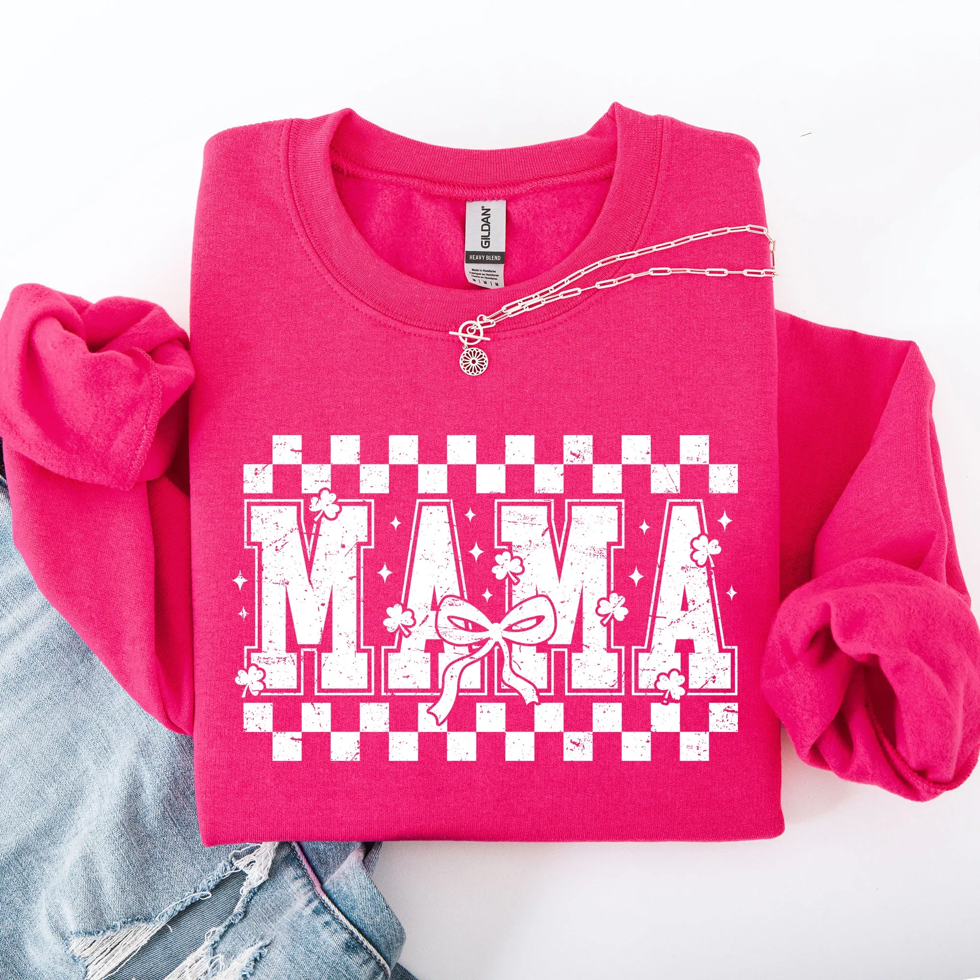 Mama, Checkered, Bow, Ribbon, St Patrick's Day, Shamrock, Clover, Lucky, Leprechaun Sweatshirt sold by Refinery Number One product image thumbnail 5
