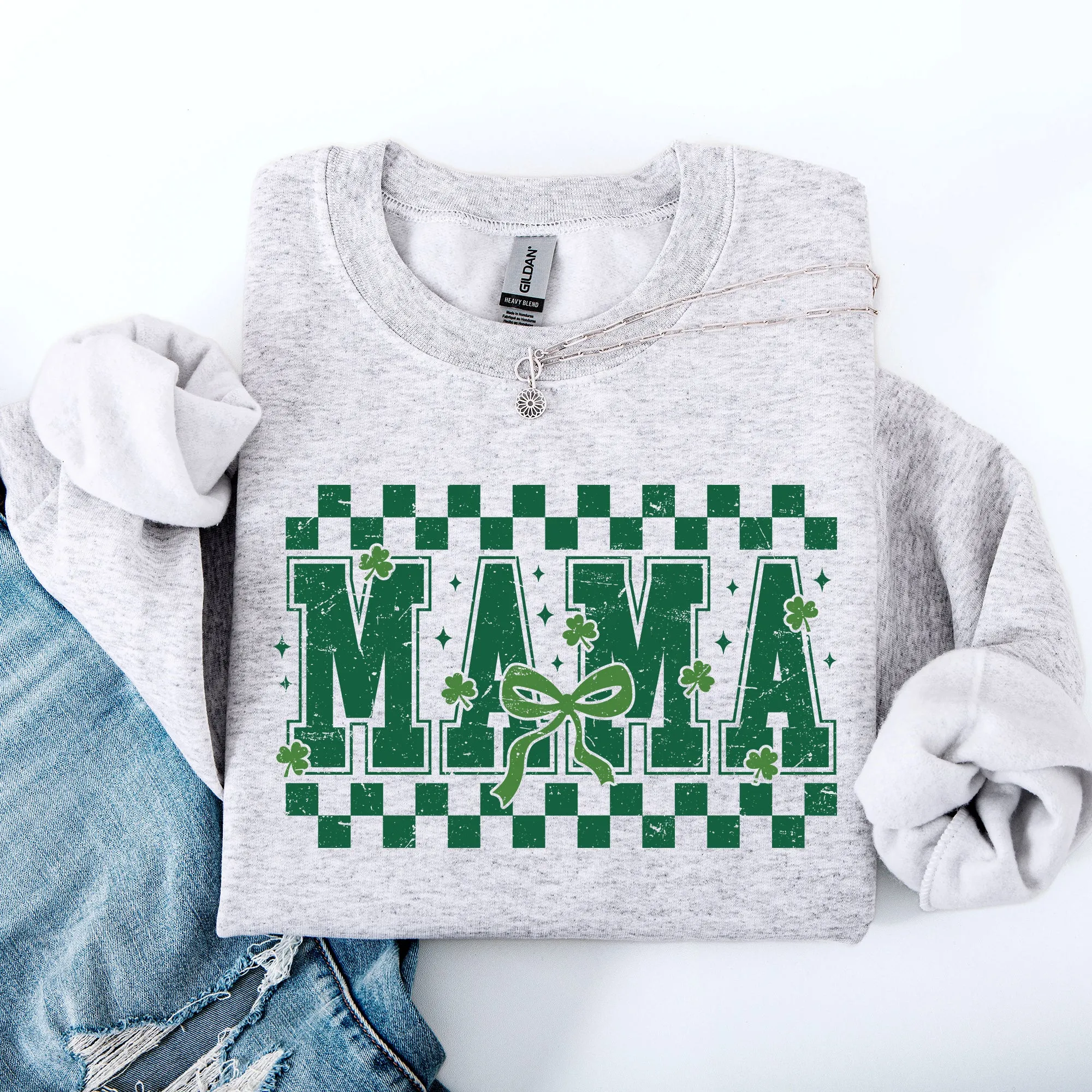 Mama, Checkered, Bow, Ribbon, St Patrick's Day, Shamrock, Clover, Lucky, Leprechaun Sweatshirt sold by Refinery Number One